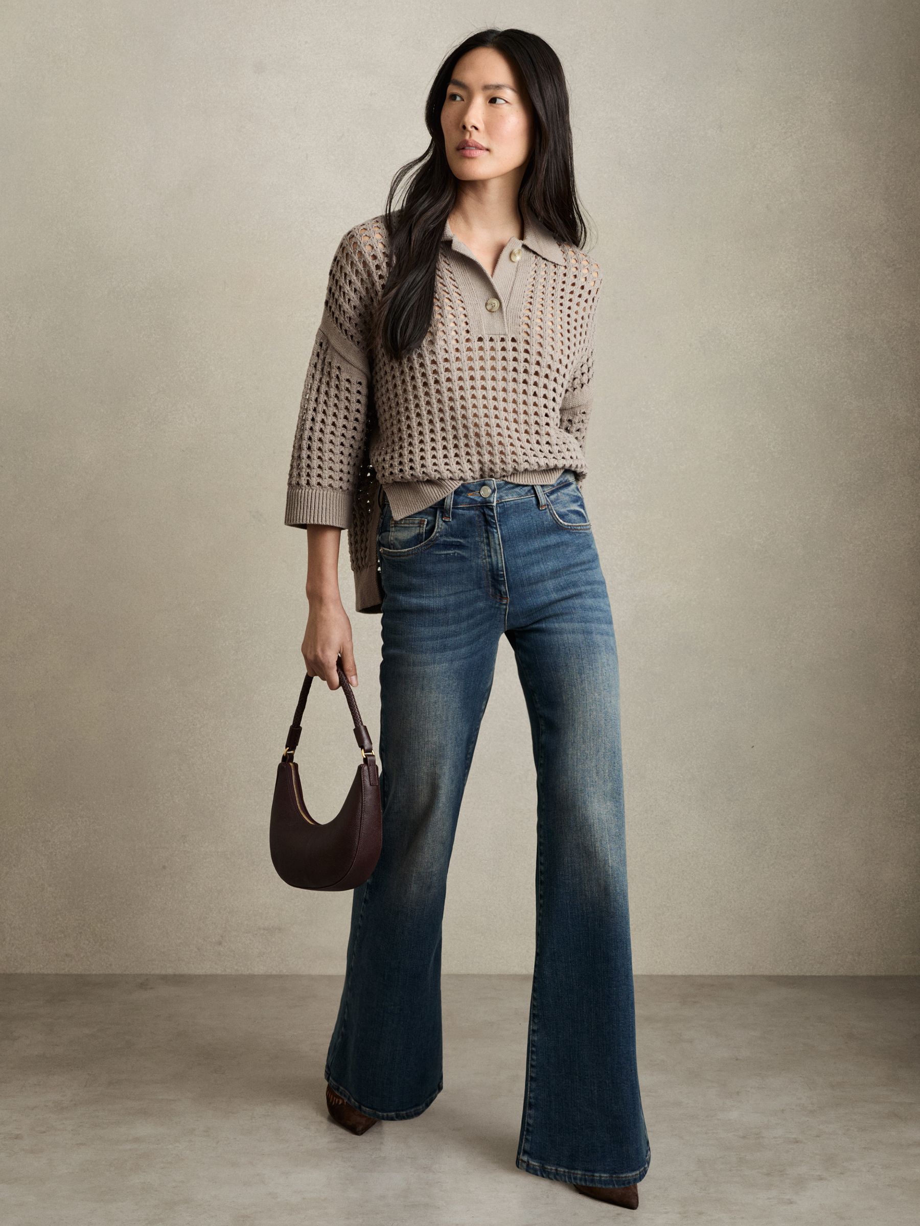 Cotton Crochet Collared Jumper in Stone