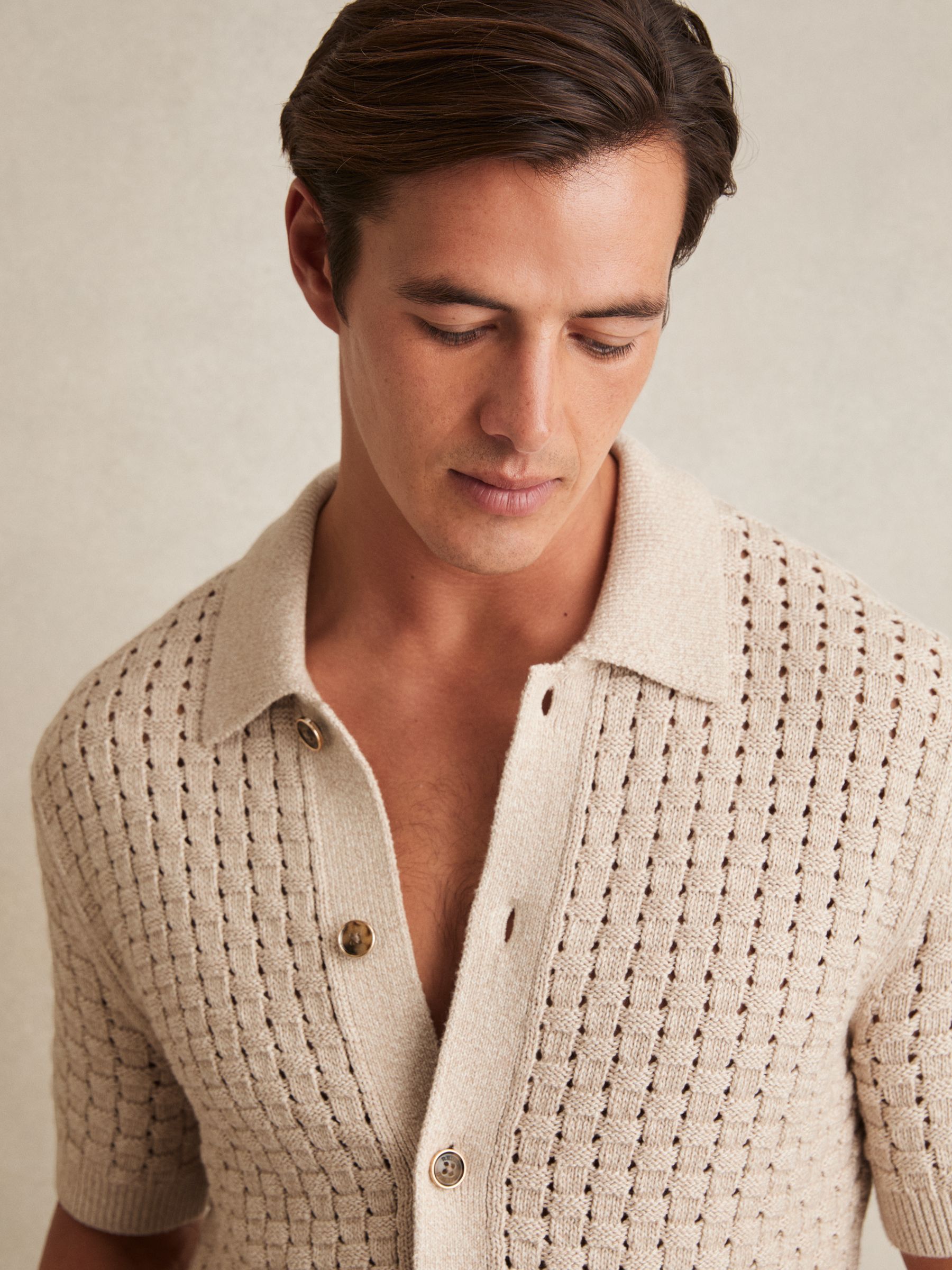 Basketweave Knit Button Through Cotton Blend Shirt in Stone