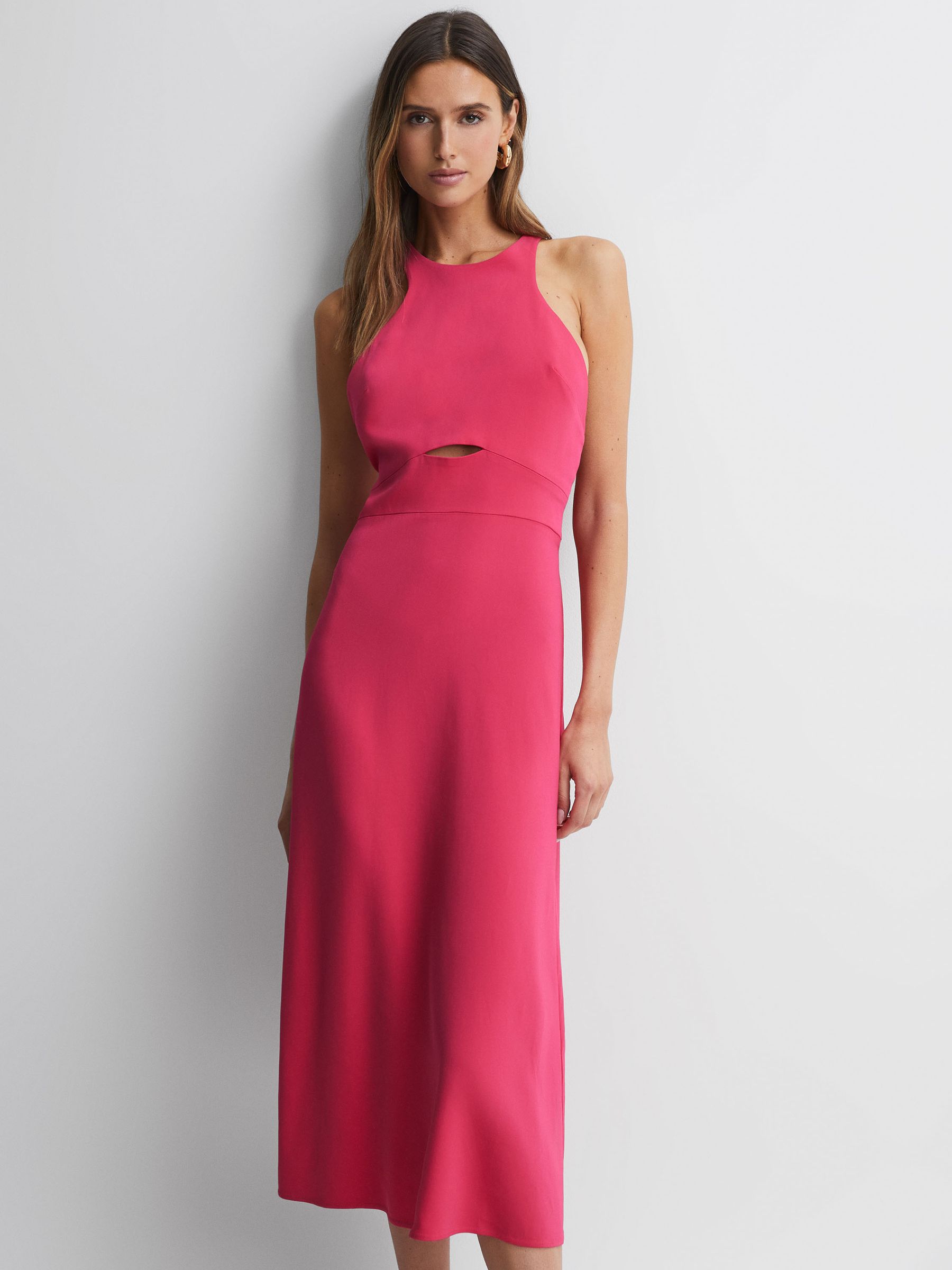 Halter Neck Cut Out Midi Dress in Pink