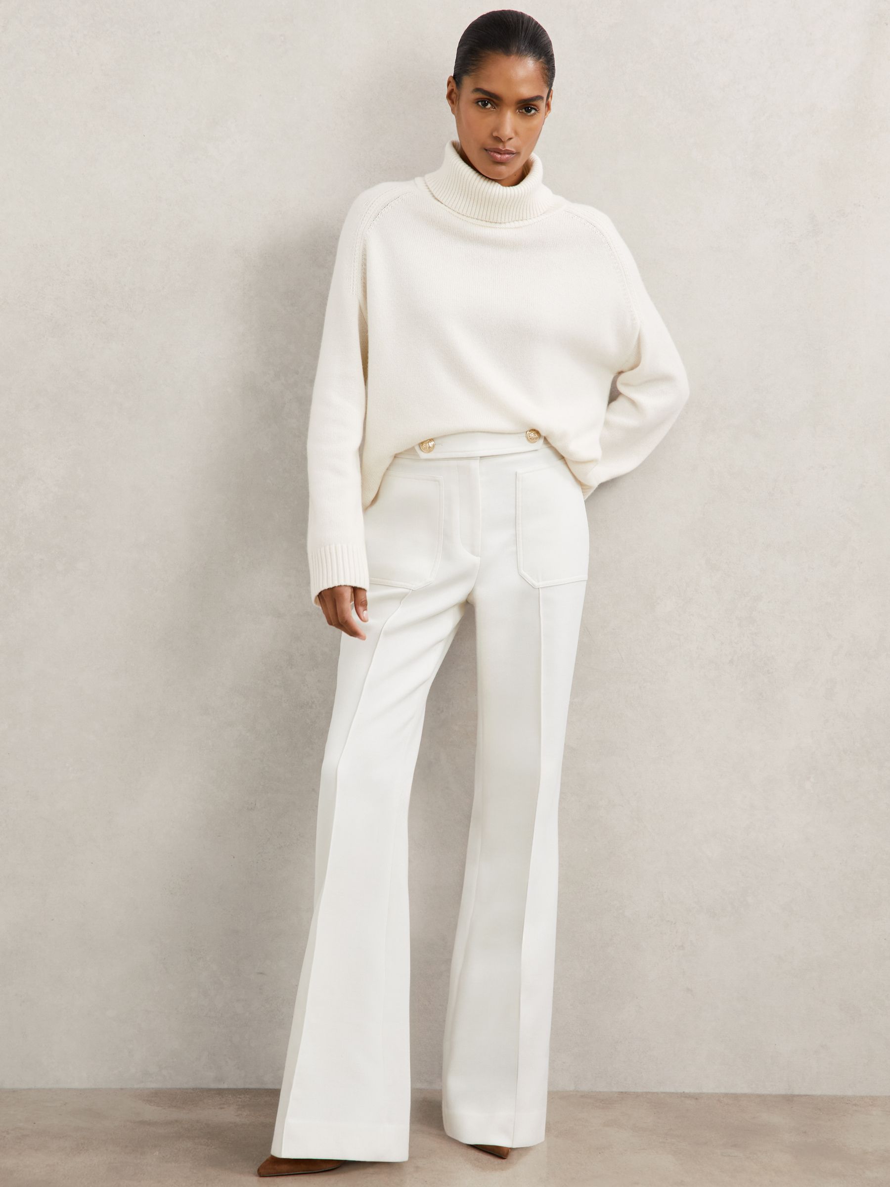 Twill Button-Tab Flared Trousers With Wool in White