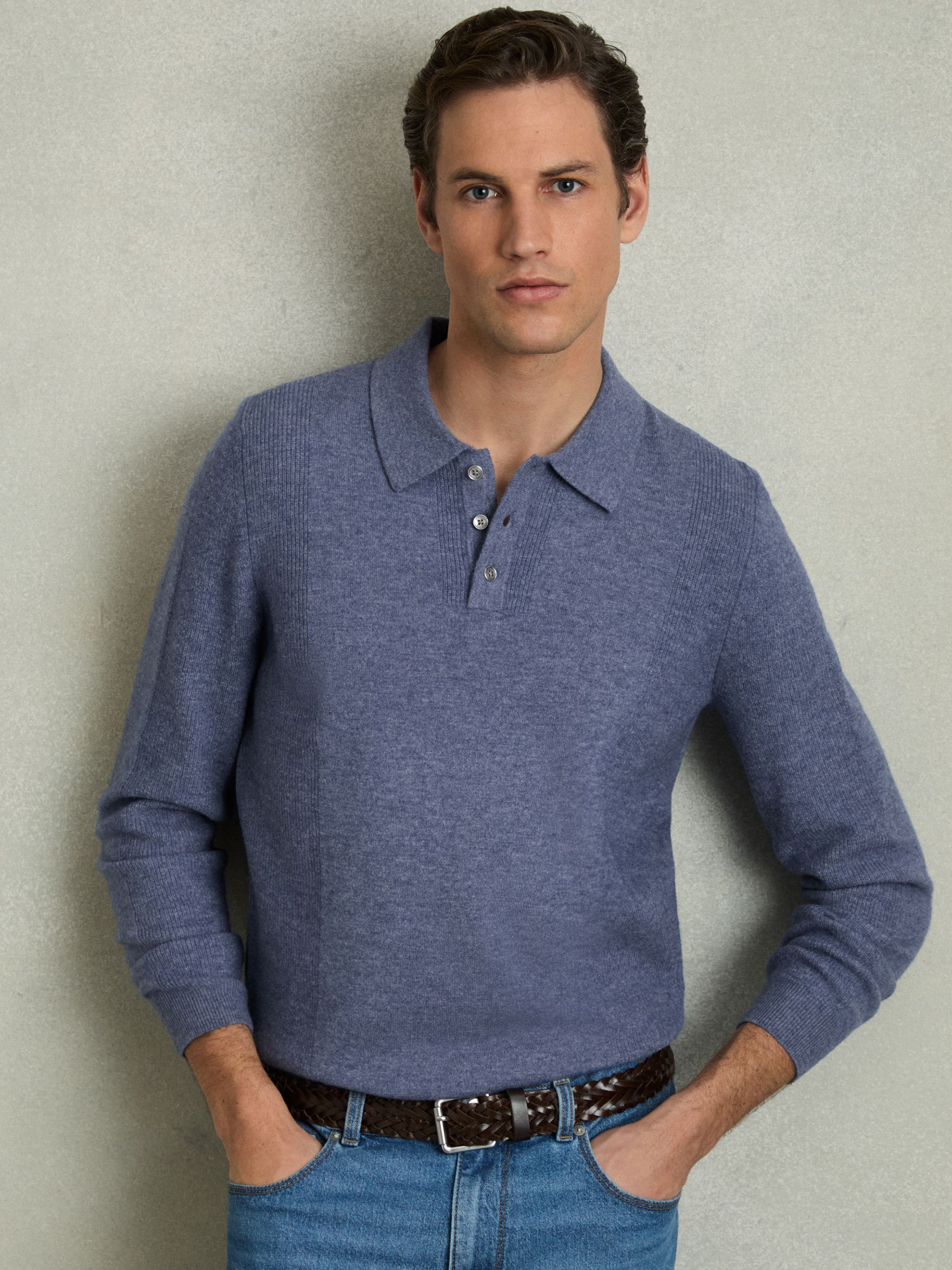 Wool Textured Long Sleeve Polo Shirt in Soft Blue