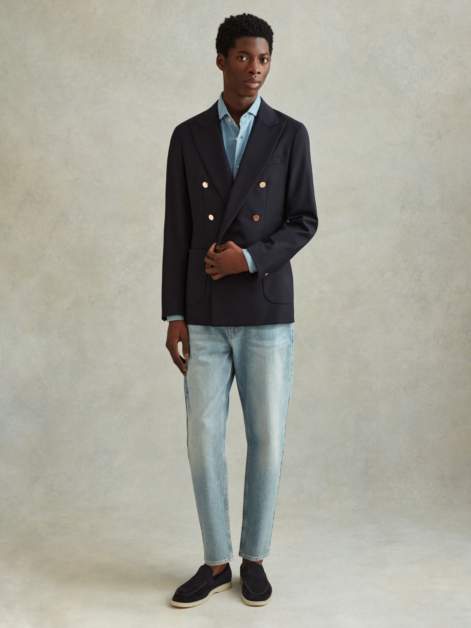 Slim Fit Wool Double Breasted Blazer in Dark Navy