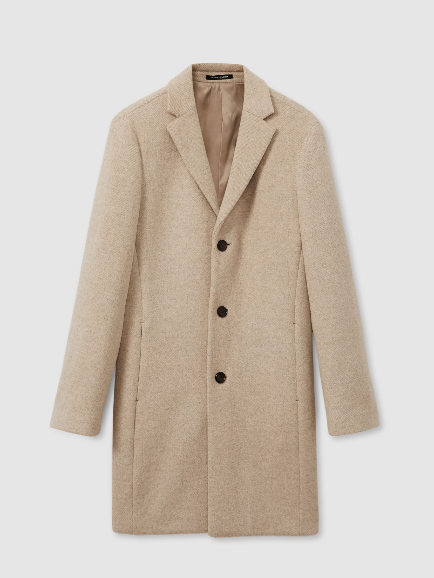 Wool Blend Single Breasted Epsom Overcoat in Oatmeal Herringbone