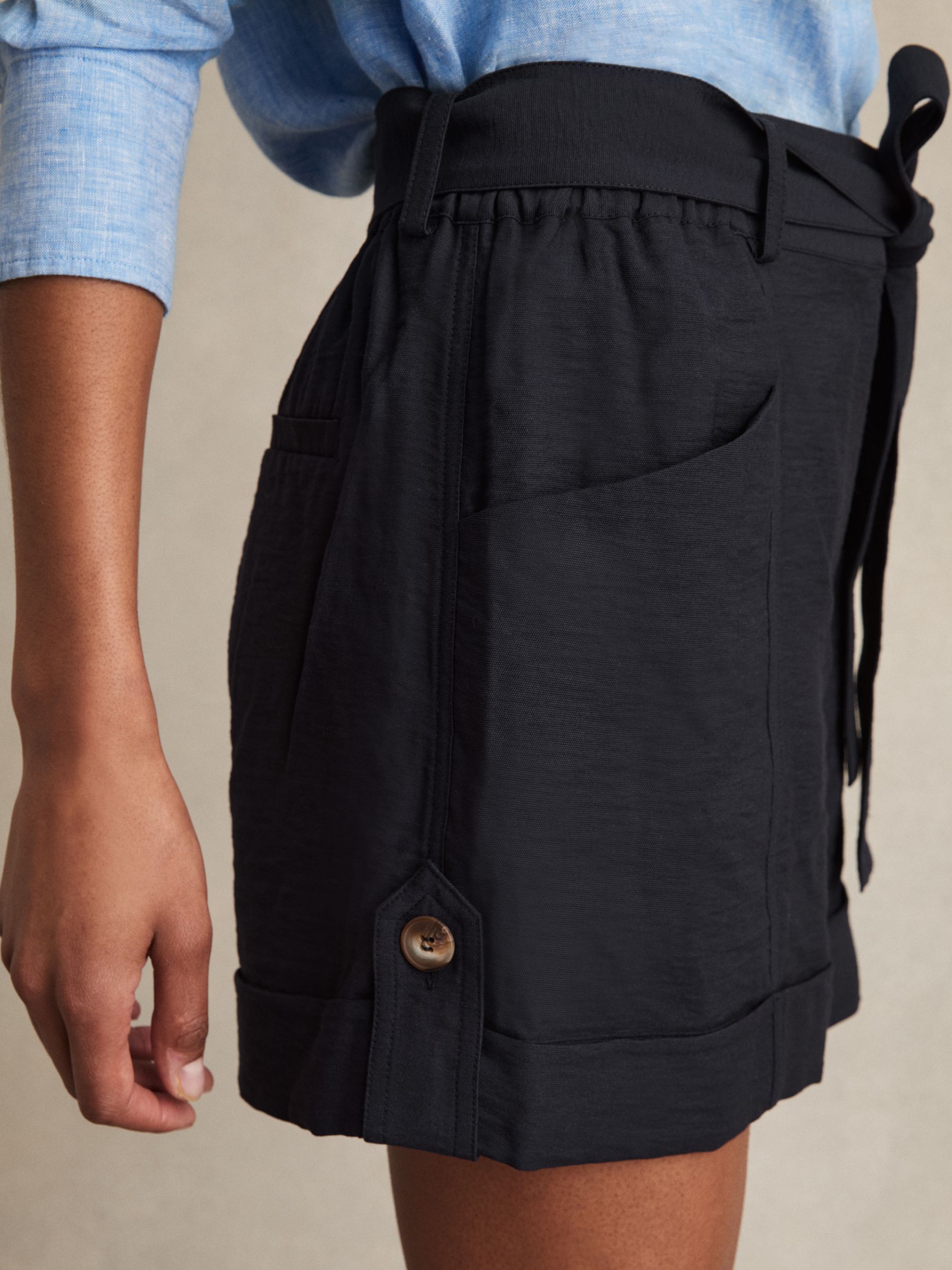 Belted Button Tab Shorts in Navy