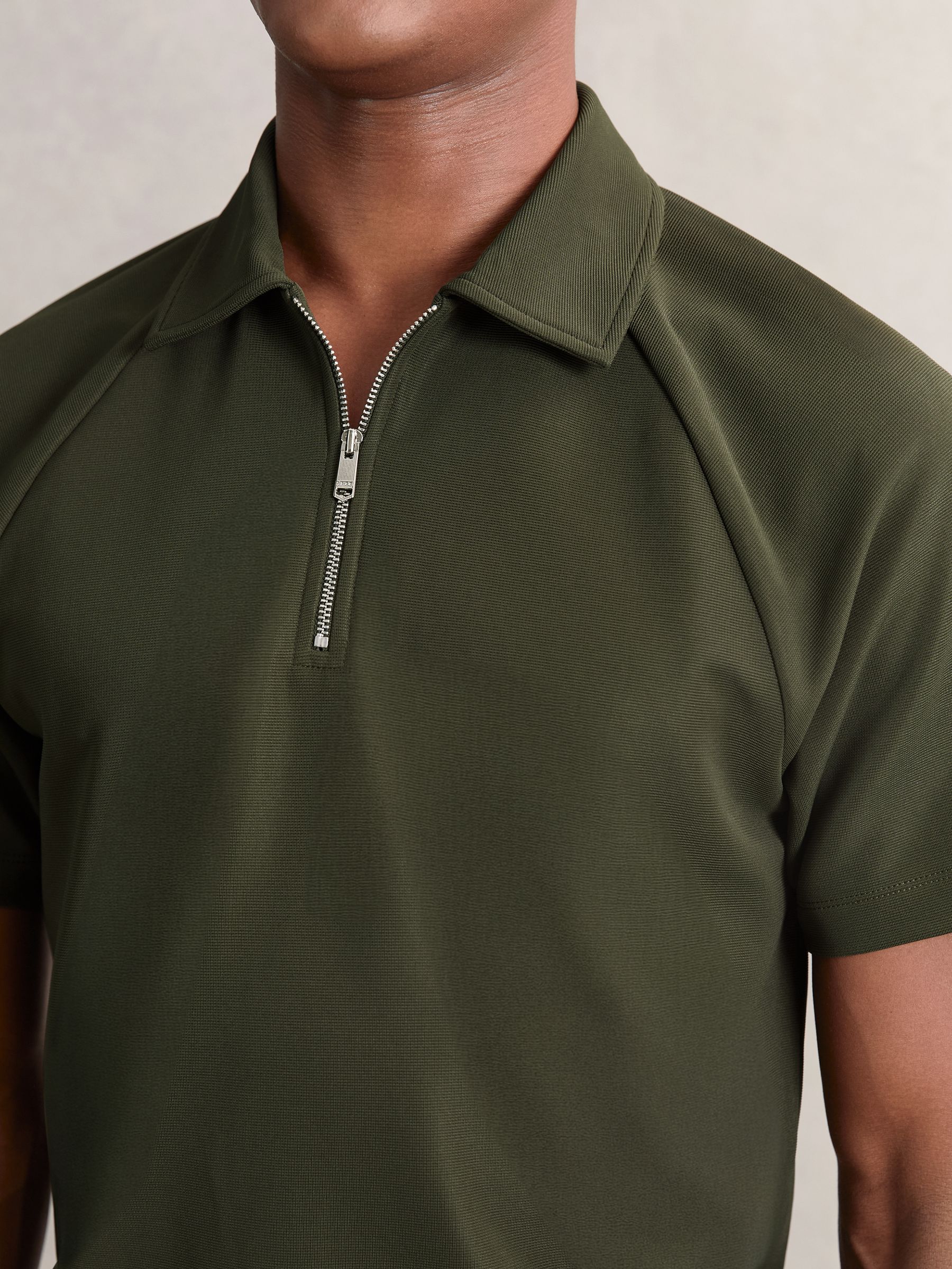 Textured Raglan Half-Zip Polo Shirt in Green