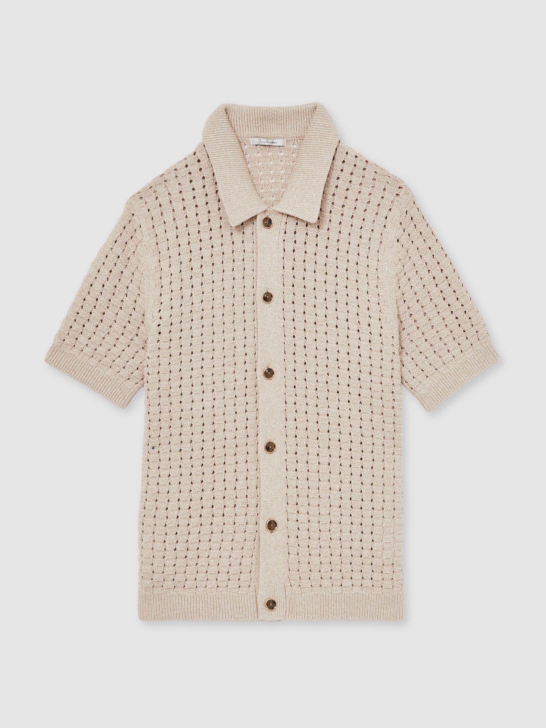 Basketweave Knit Button Through Cotton Blend Shirt in Stone