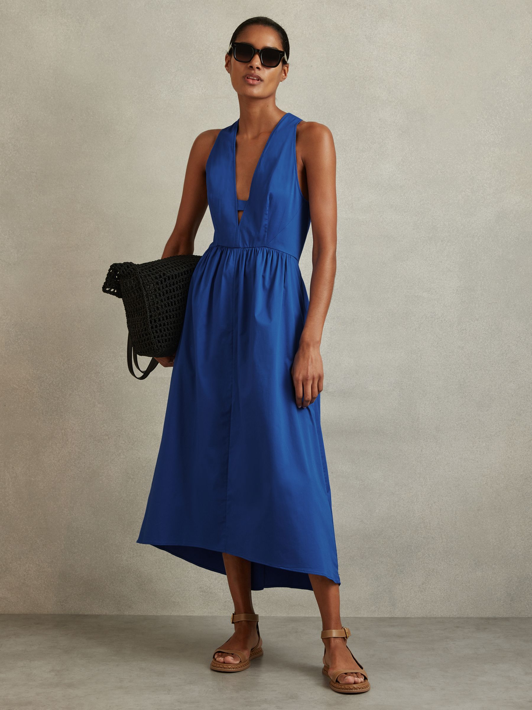 Cotton Blend High-Low Midi Dress in Cobalt Blue