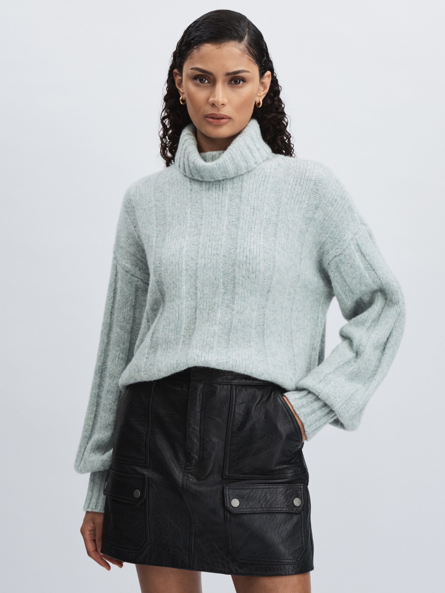 Paige Wool Blend Ribbed Roll Neck Jumper in Ocean