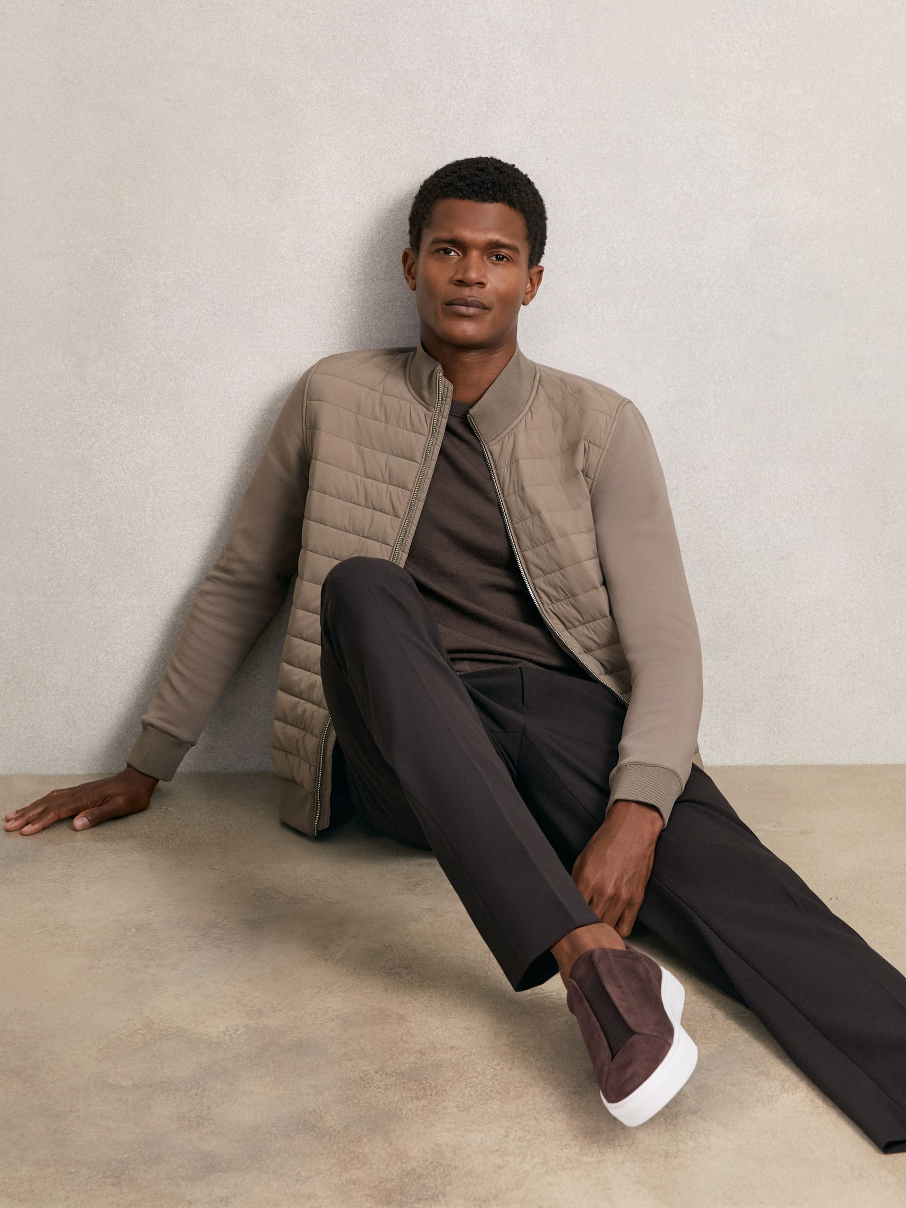 Hybrid Quilt and Knit Zip-Through Jacket in Taupe Brown