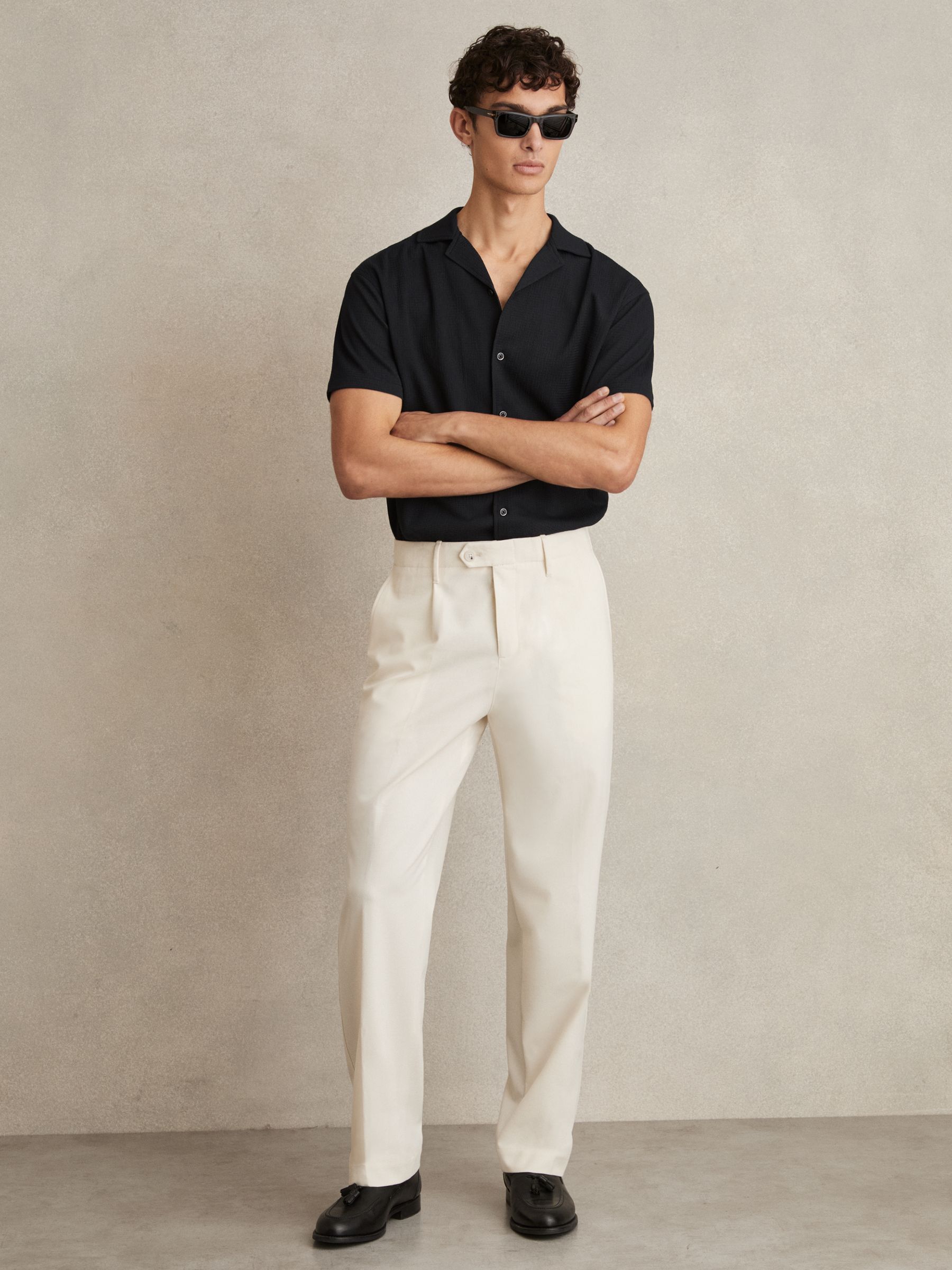 Textured Crepe Cuban Collar Shirt in Navy