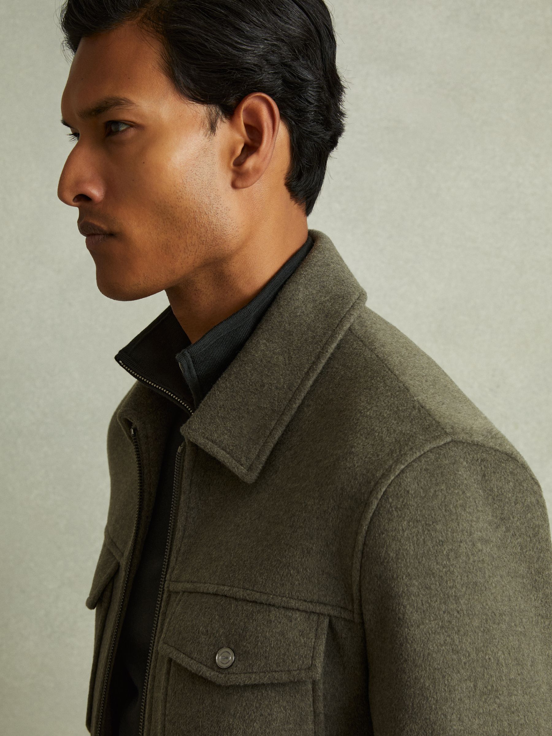 Zip-Through Trucker Jacket with Wool in Green Smoke