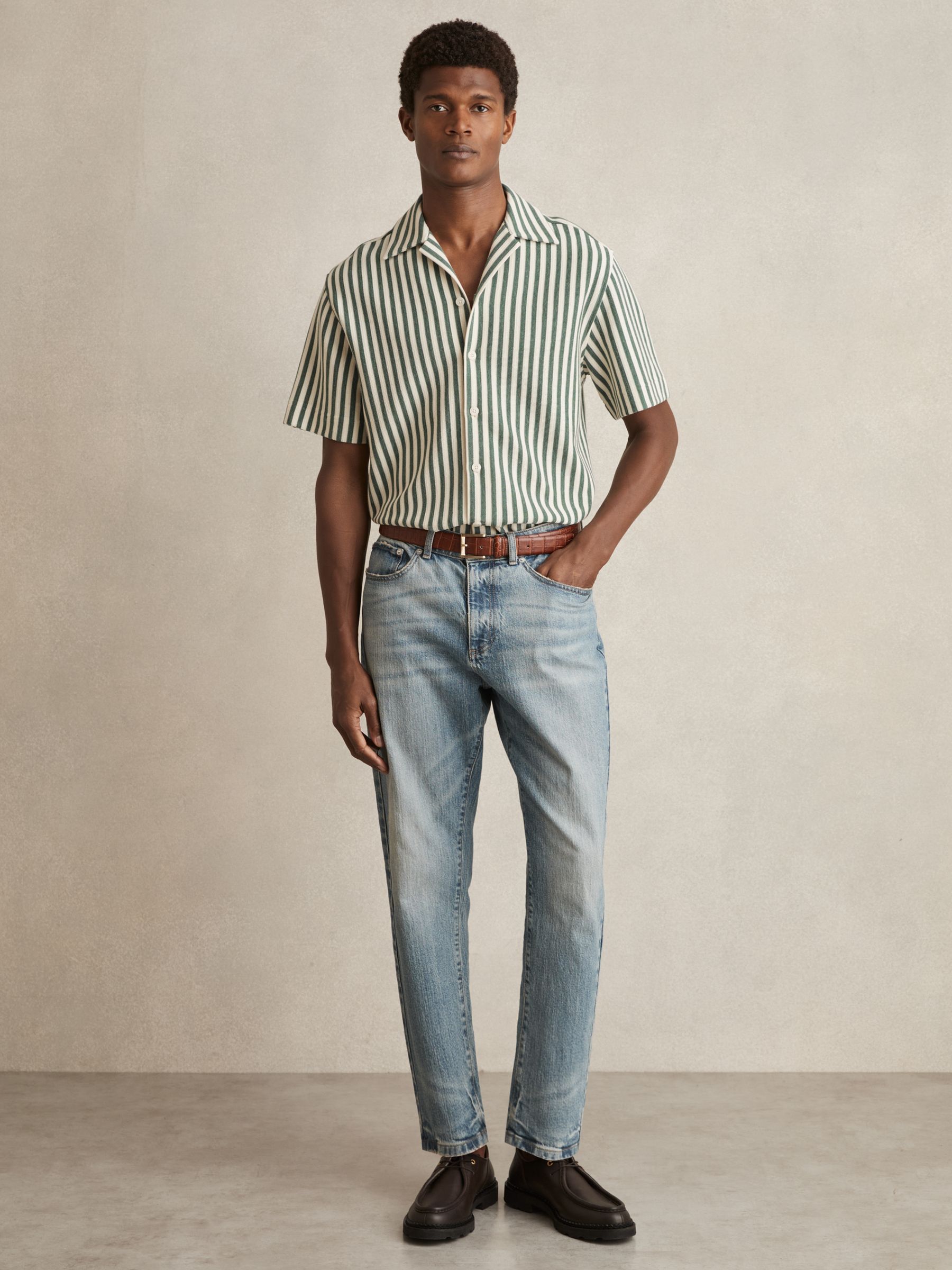 Textured Stripe Cuban-Collar Shirt in Green/White