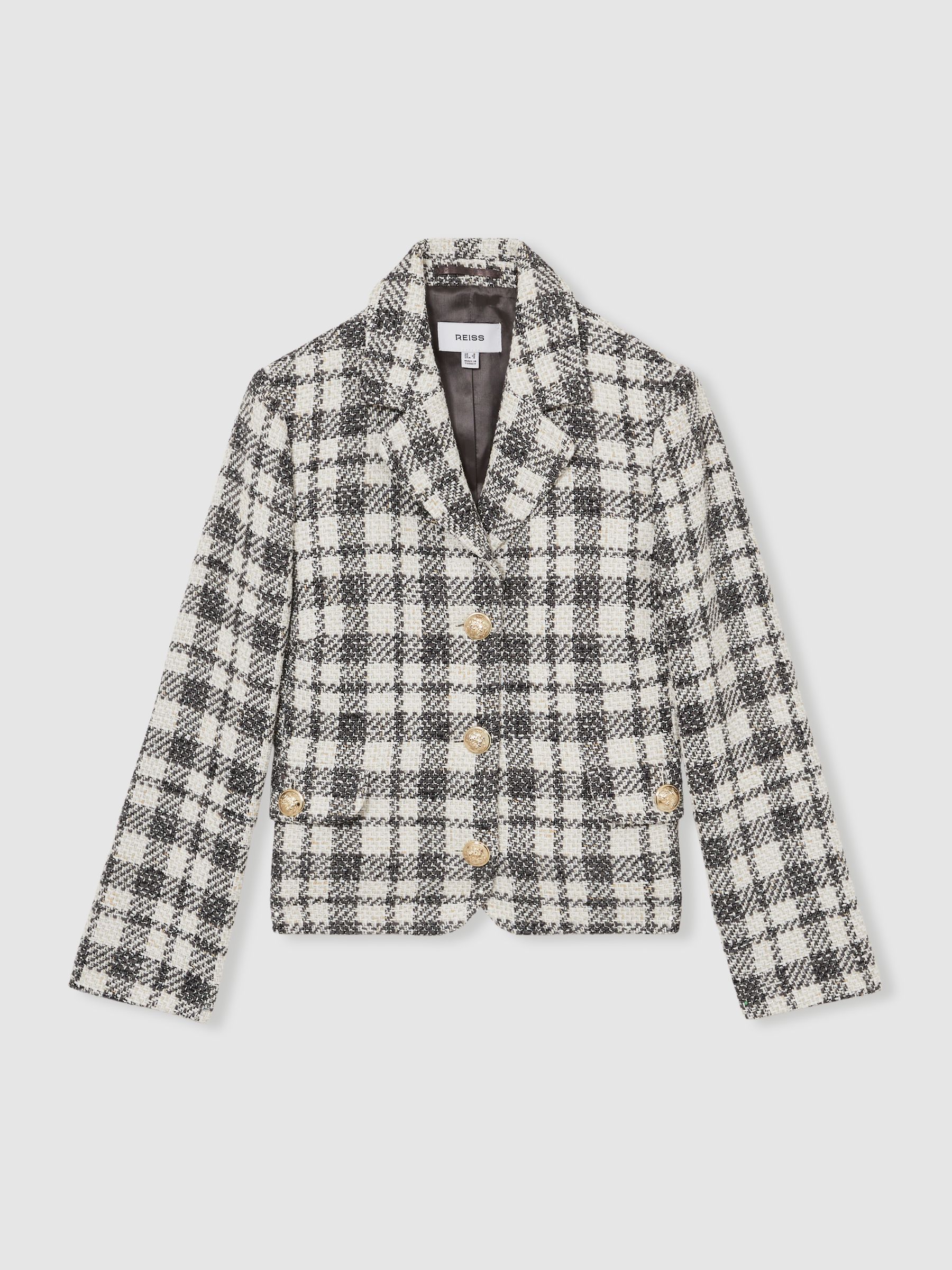 Cotton Blend Check Cropped Jacket in Grey Check