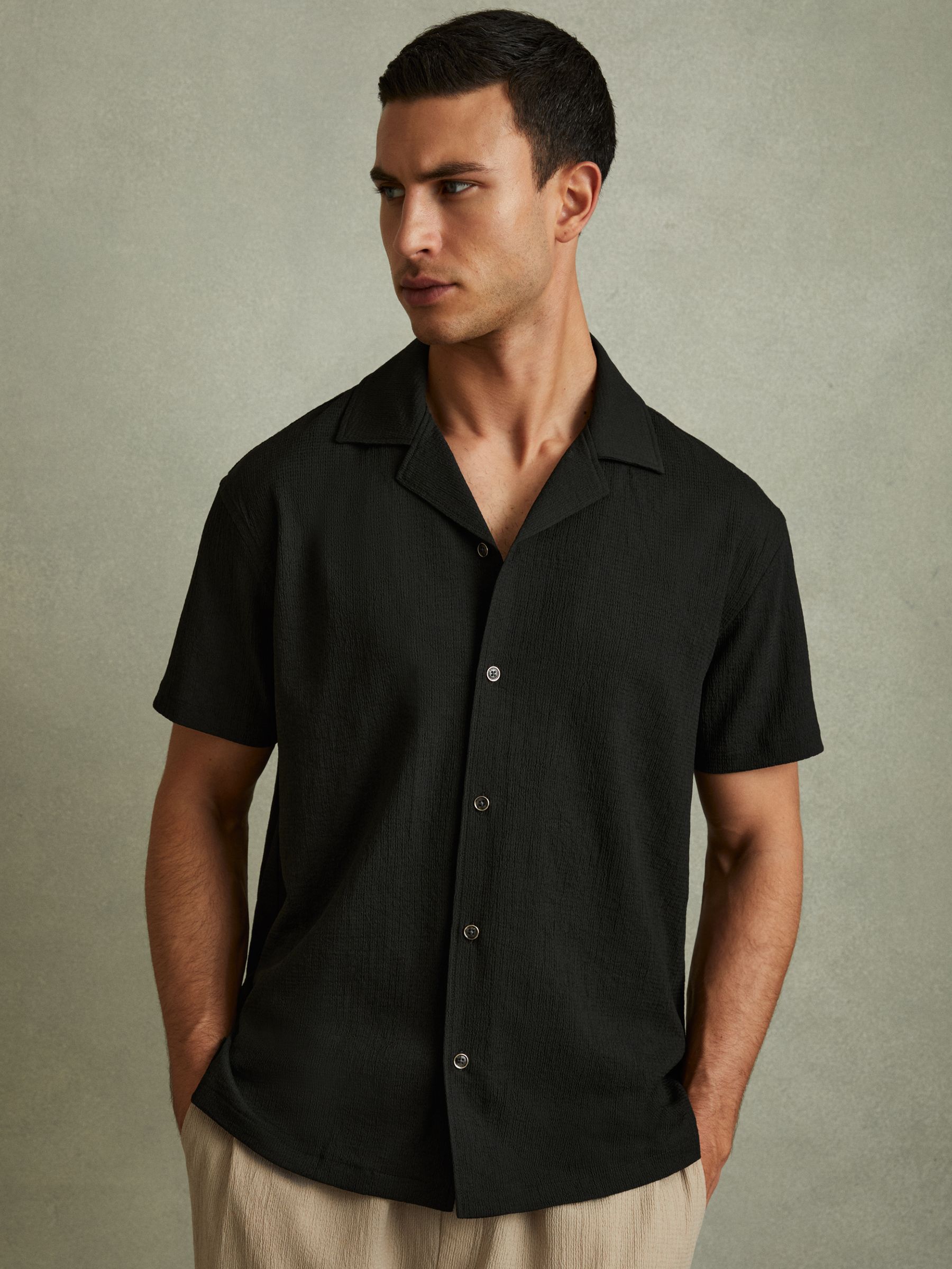 Textured Crepe Cuban Collar Shirt in Emerald