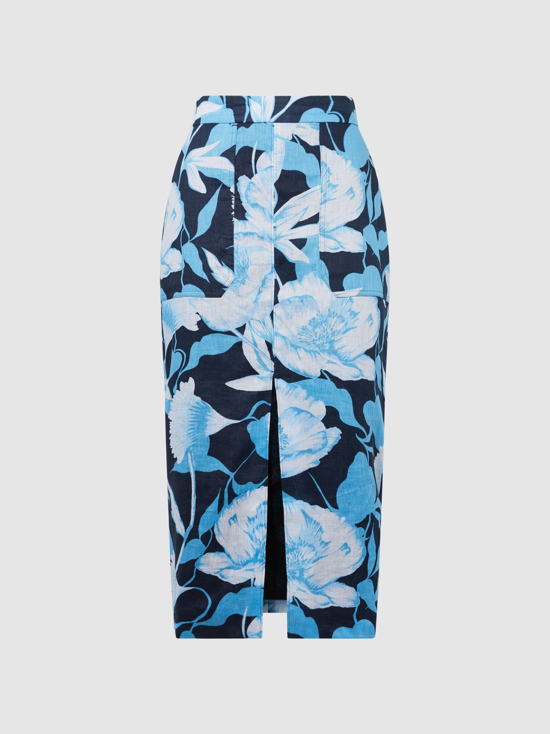 Floral Print High Rise Midi Skirt in Navy/Blue