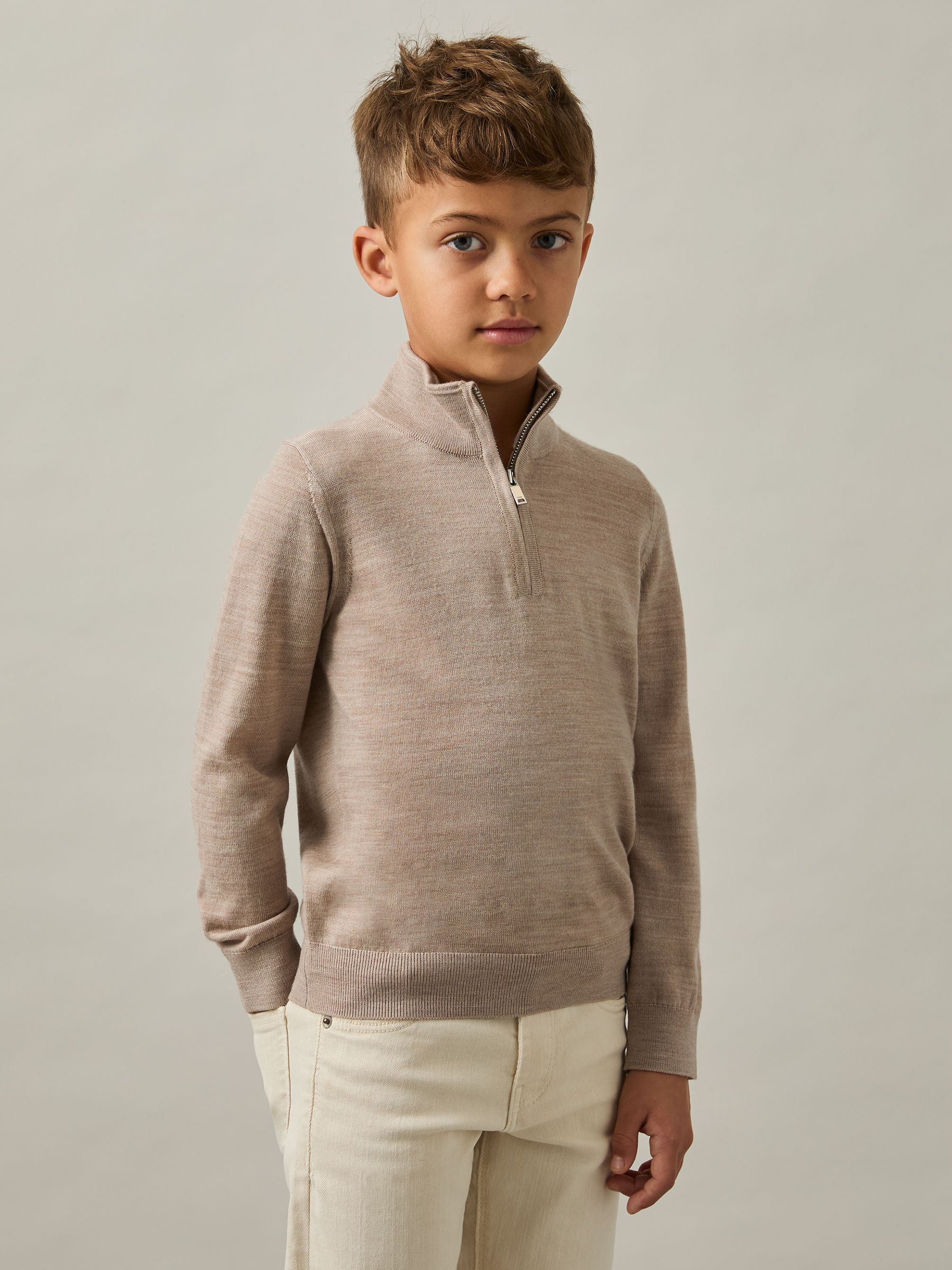 3-9 yrs Merino Wool Half-Zip Funnel Neck Jumper in Wheat Melange