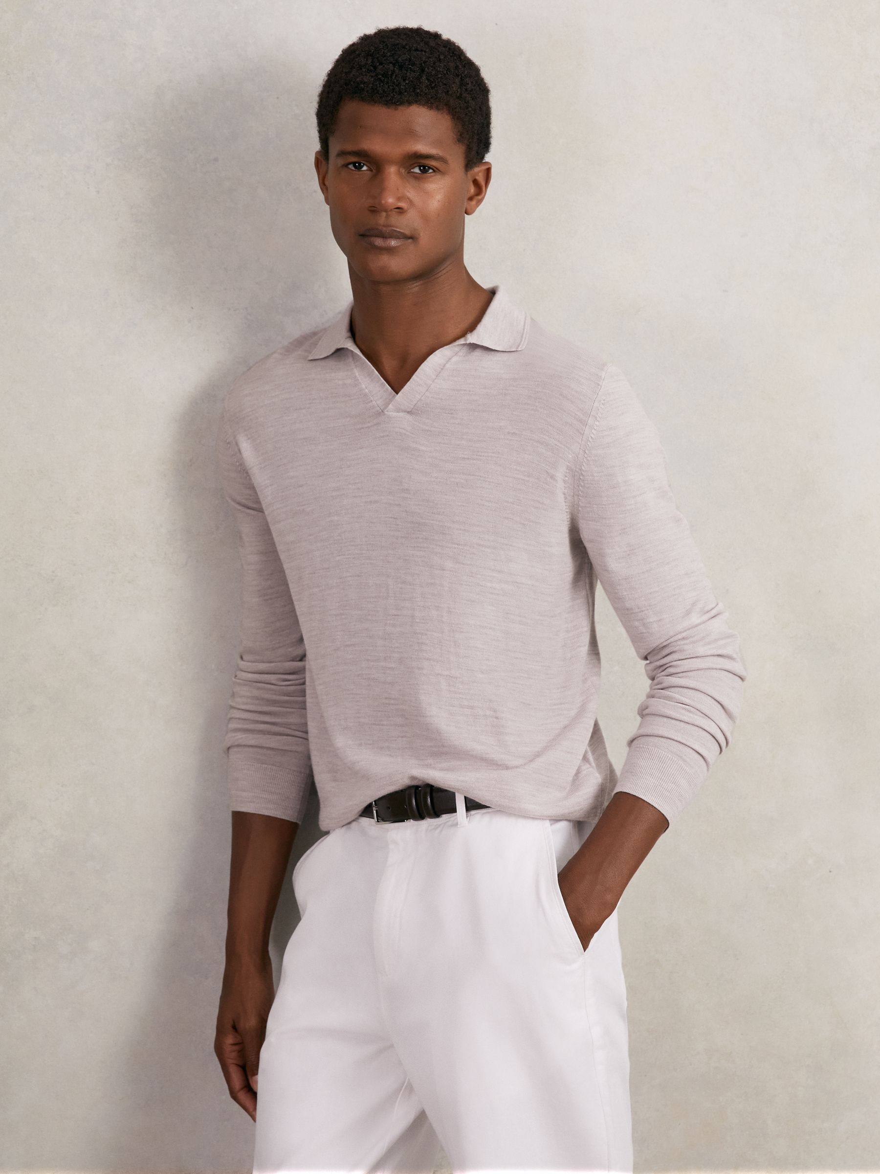 Merino Wool Open-Collar Polo Shirt in Wicker Brown Melange