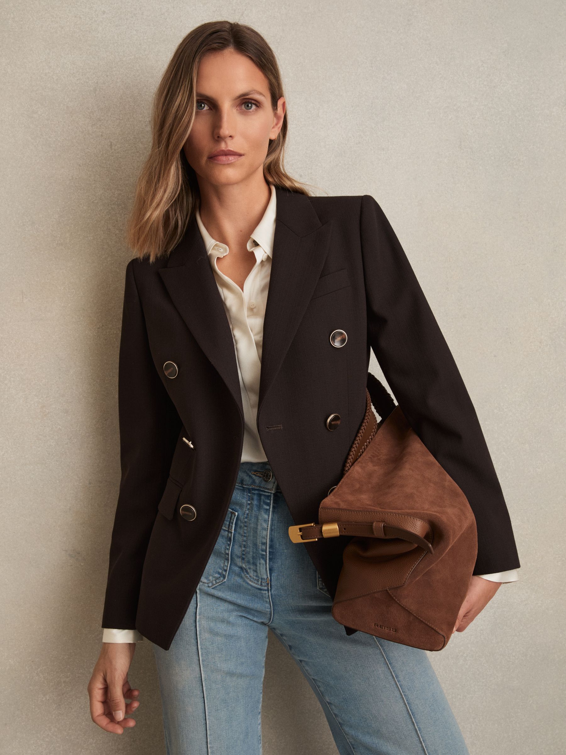 Wool-Blend Double-Breasted Blazer in Chocolate Brown