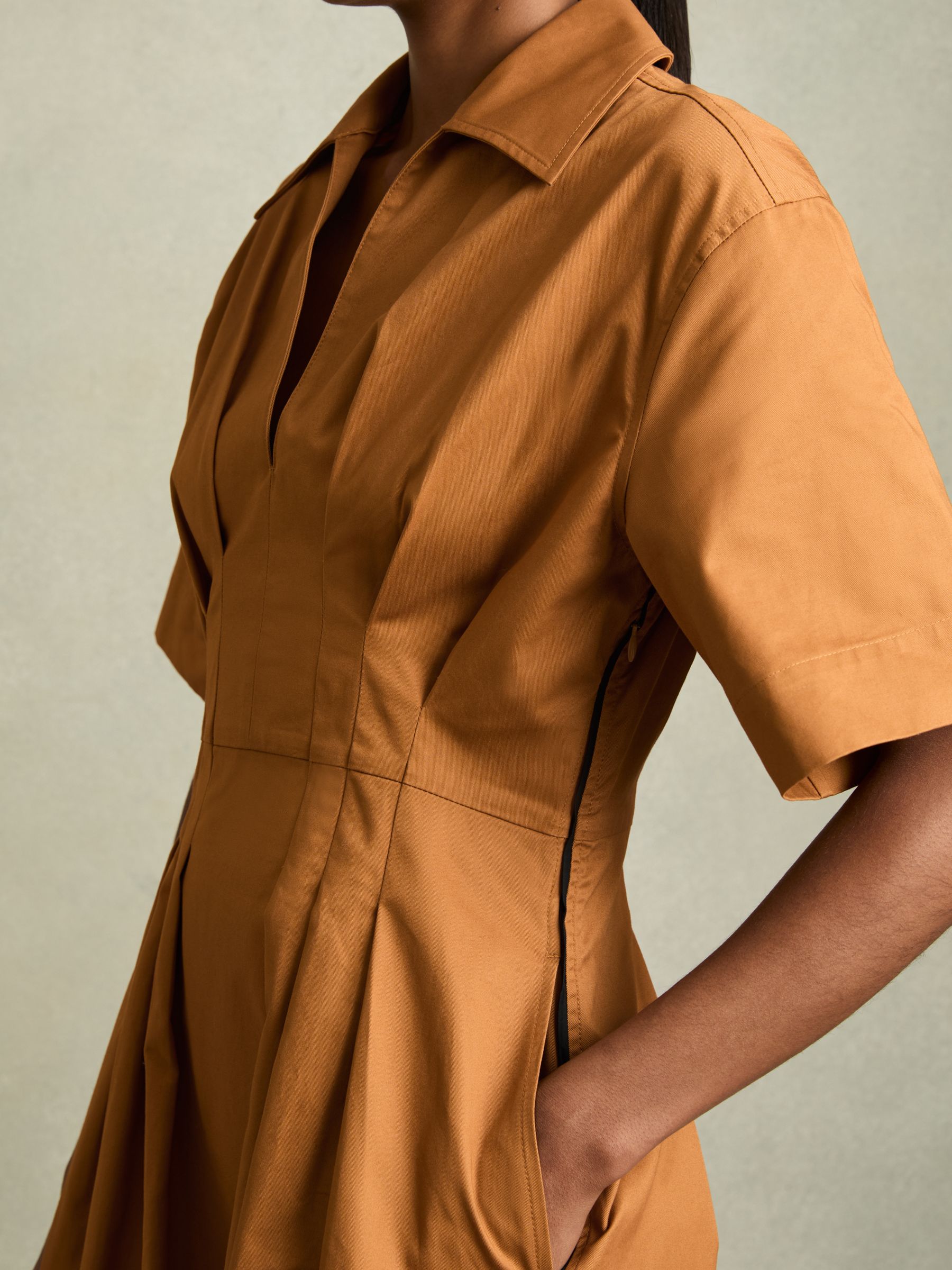 Cotton Pleated-Waist Midi Dress in Rust