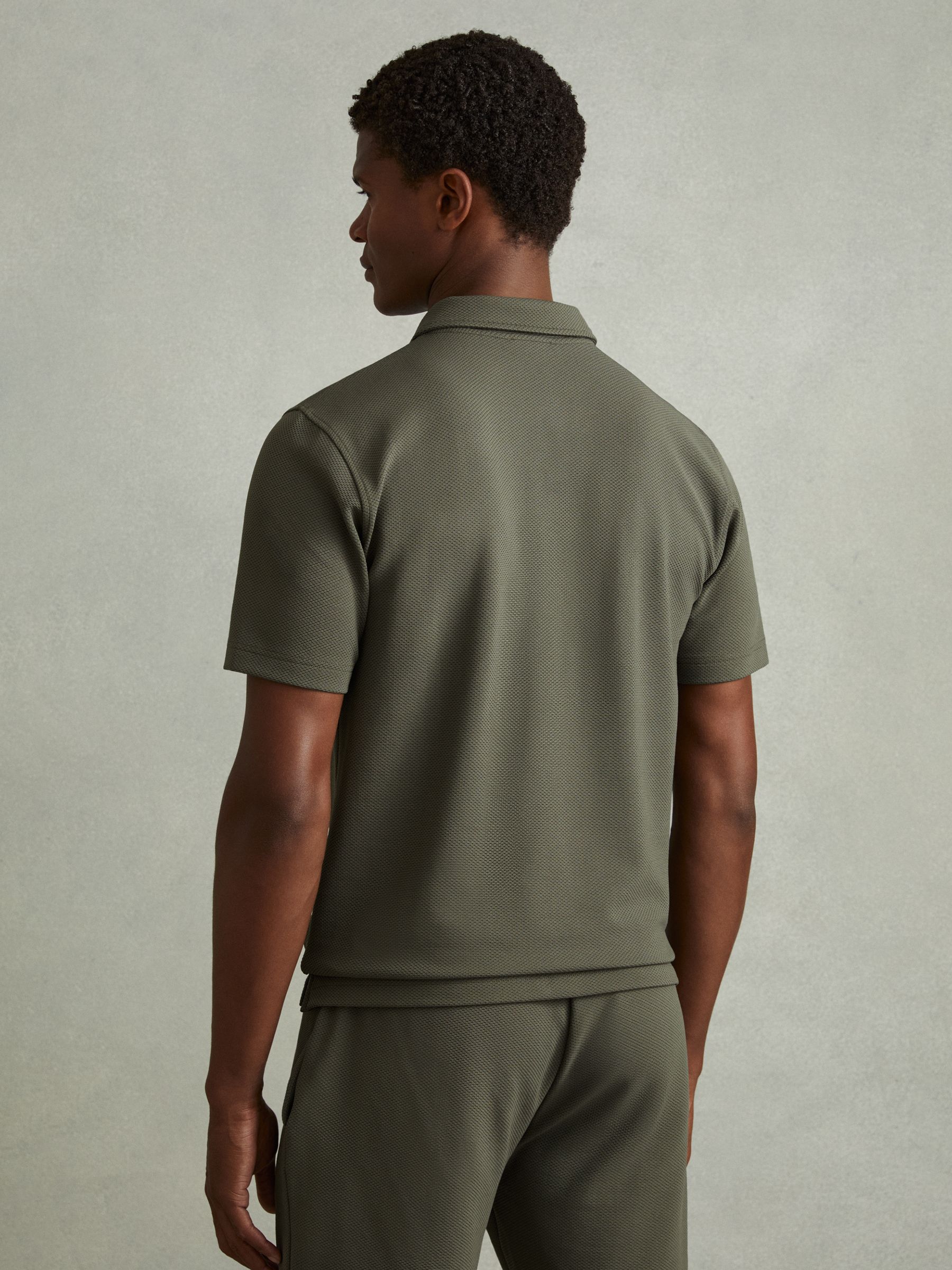Textured Zip-Neck Polo Shirt in Green Smoke