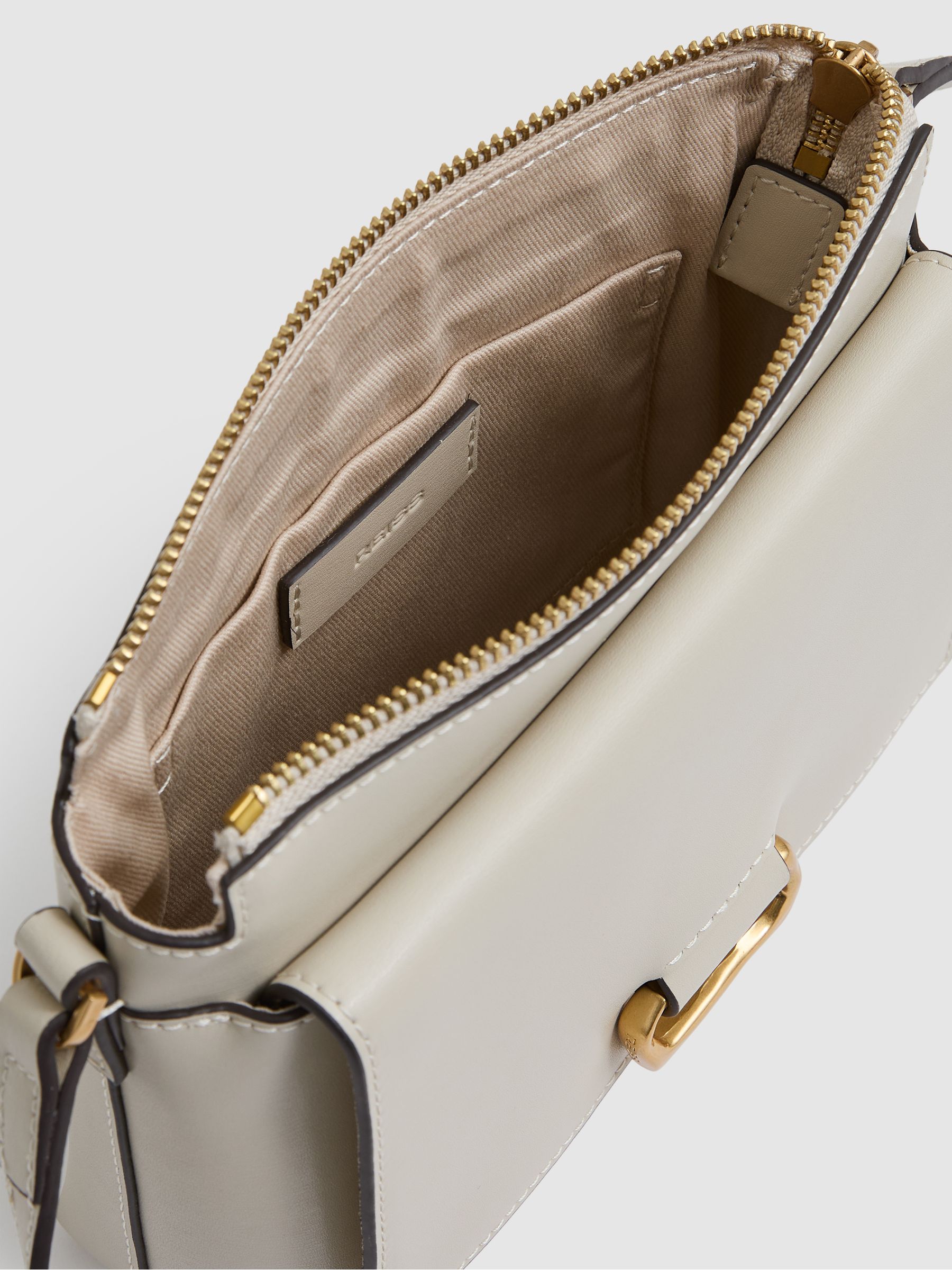 Leather Sculpted-Hardware Cross-Body Bag in Off White