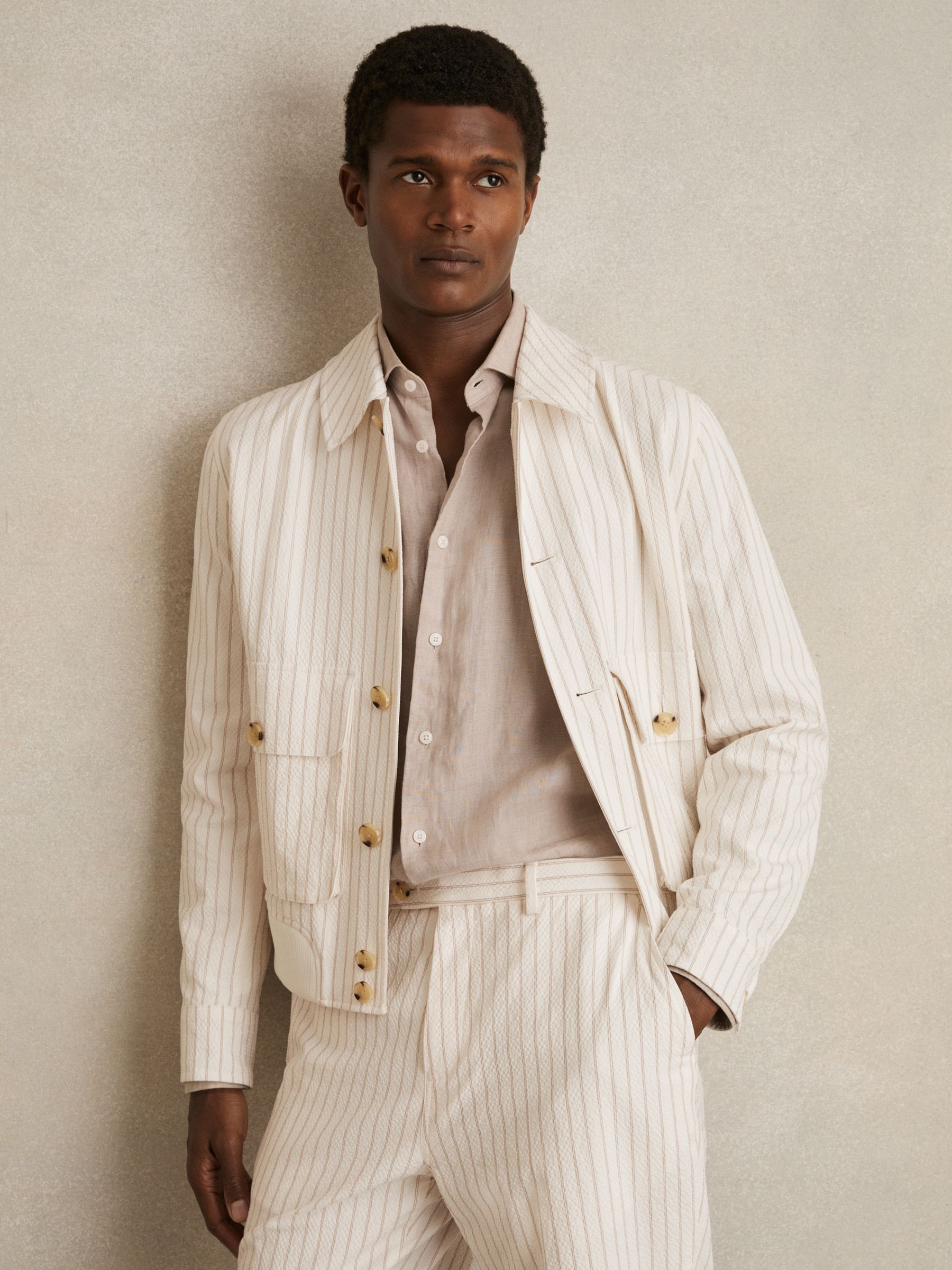 Cotton-Blend Pinstripe Harrington Jacket in Off White/Taupe Brown