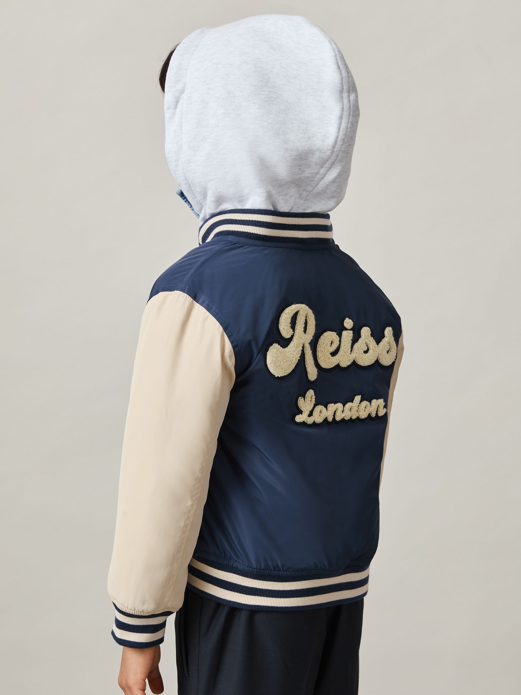 9-13 yrs Logo Patch Hooded Varsity Jacket in Airforce Blue/Off White