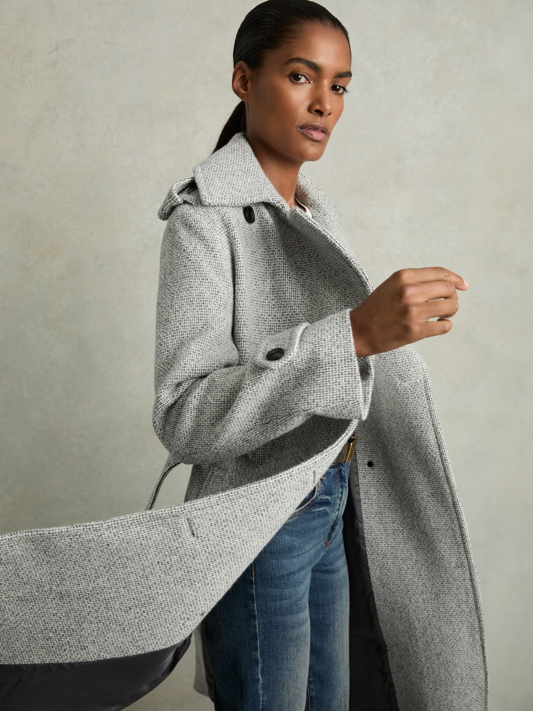 Wool-Blend Double-Breasted Check Trench Coat in Black/White