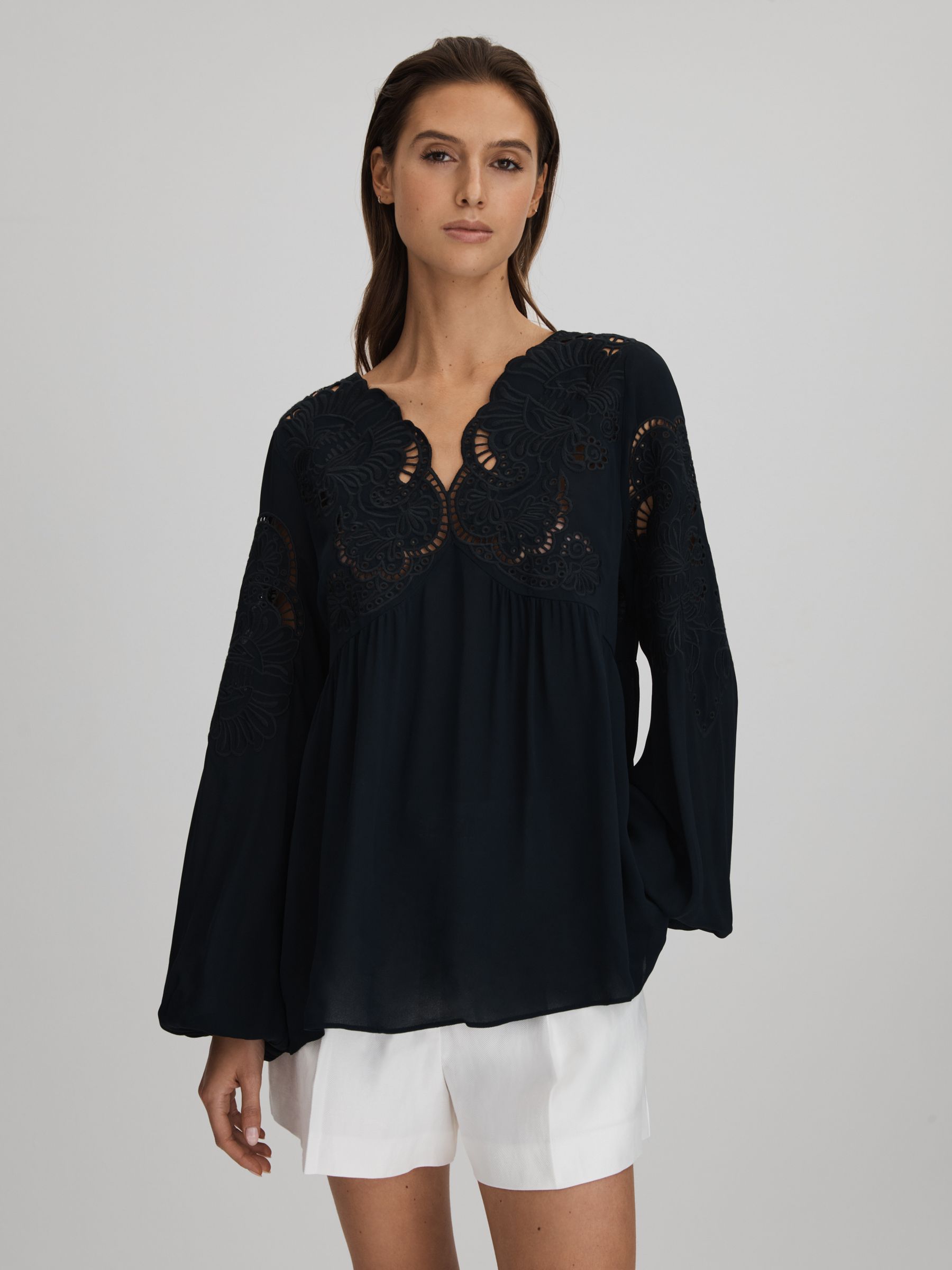 Lace Cut-Out Blouse in Navy