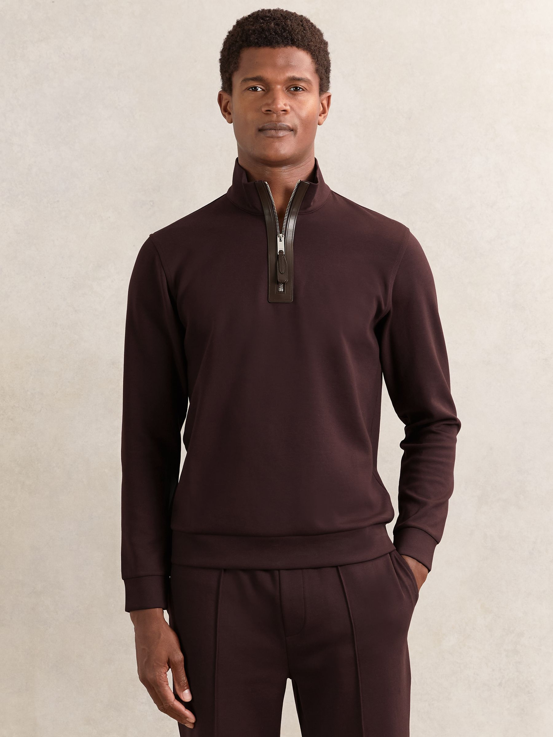 Leather-Placket Interlock Sweatshirt in Cherry Red