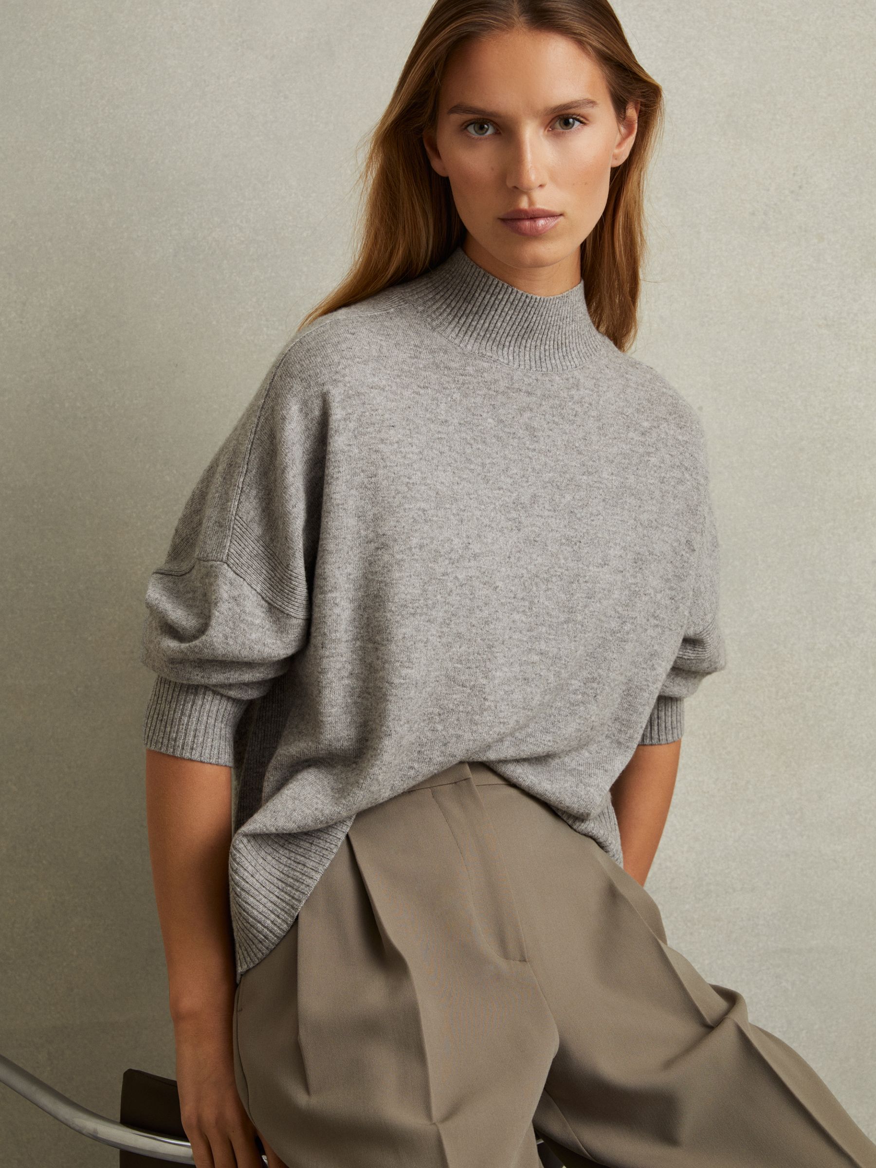Wool Blend Funnel Neck Jumper in Grey Marl