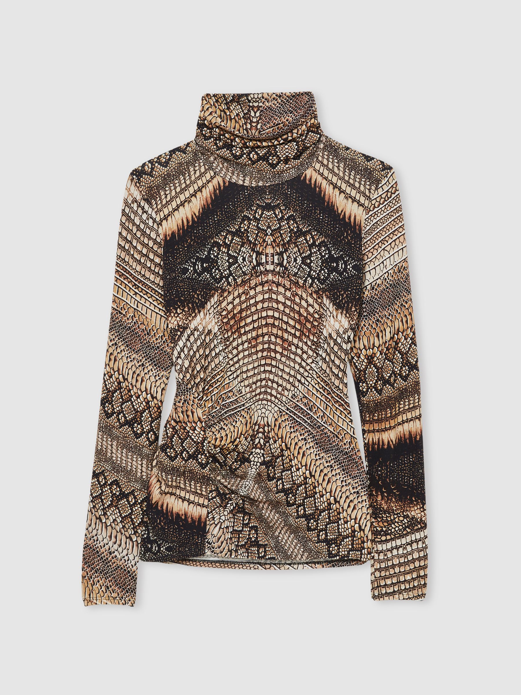 Snake-Print Roll-Neck Top in Brown