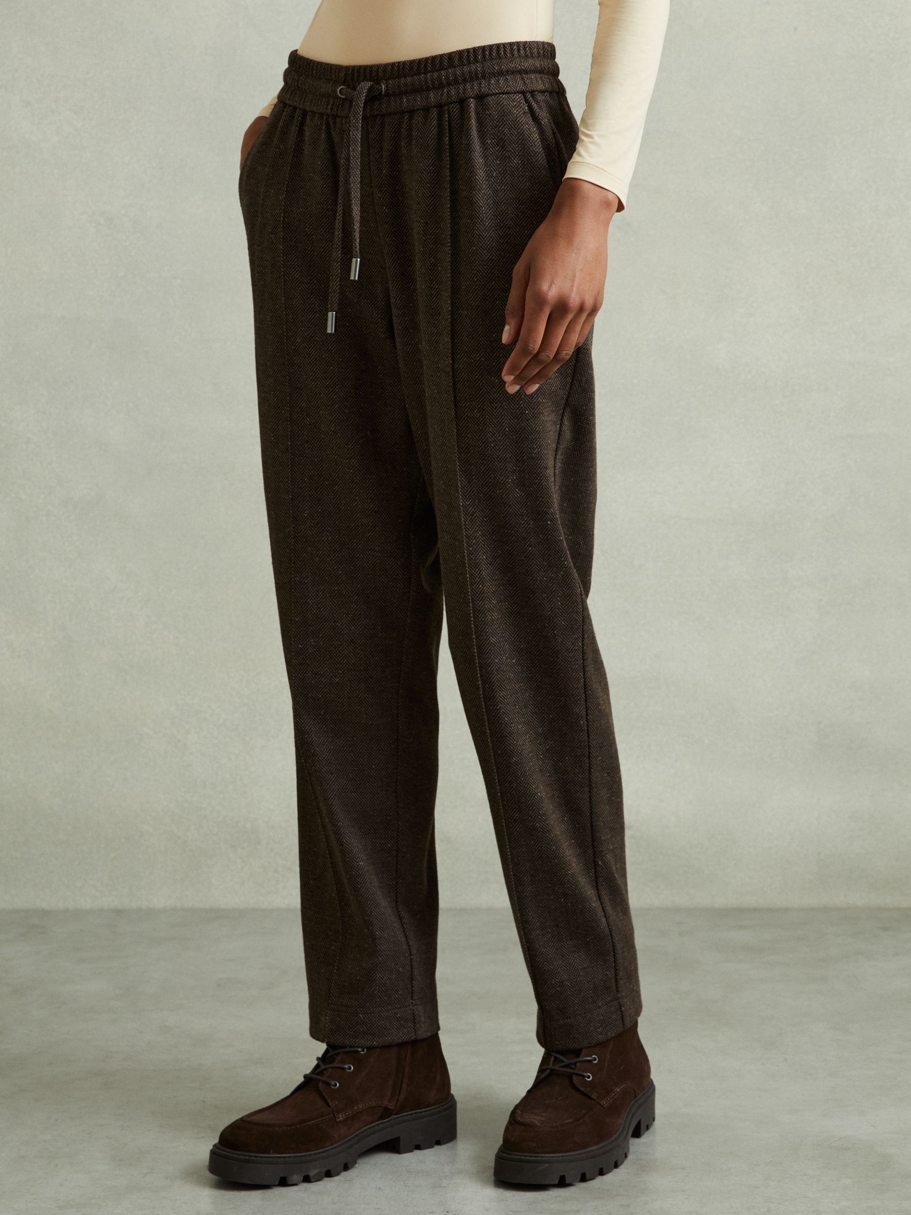 Marled Cotton Blend Drawstring Tapered Trousers in Chocolate