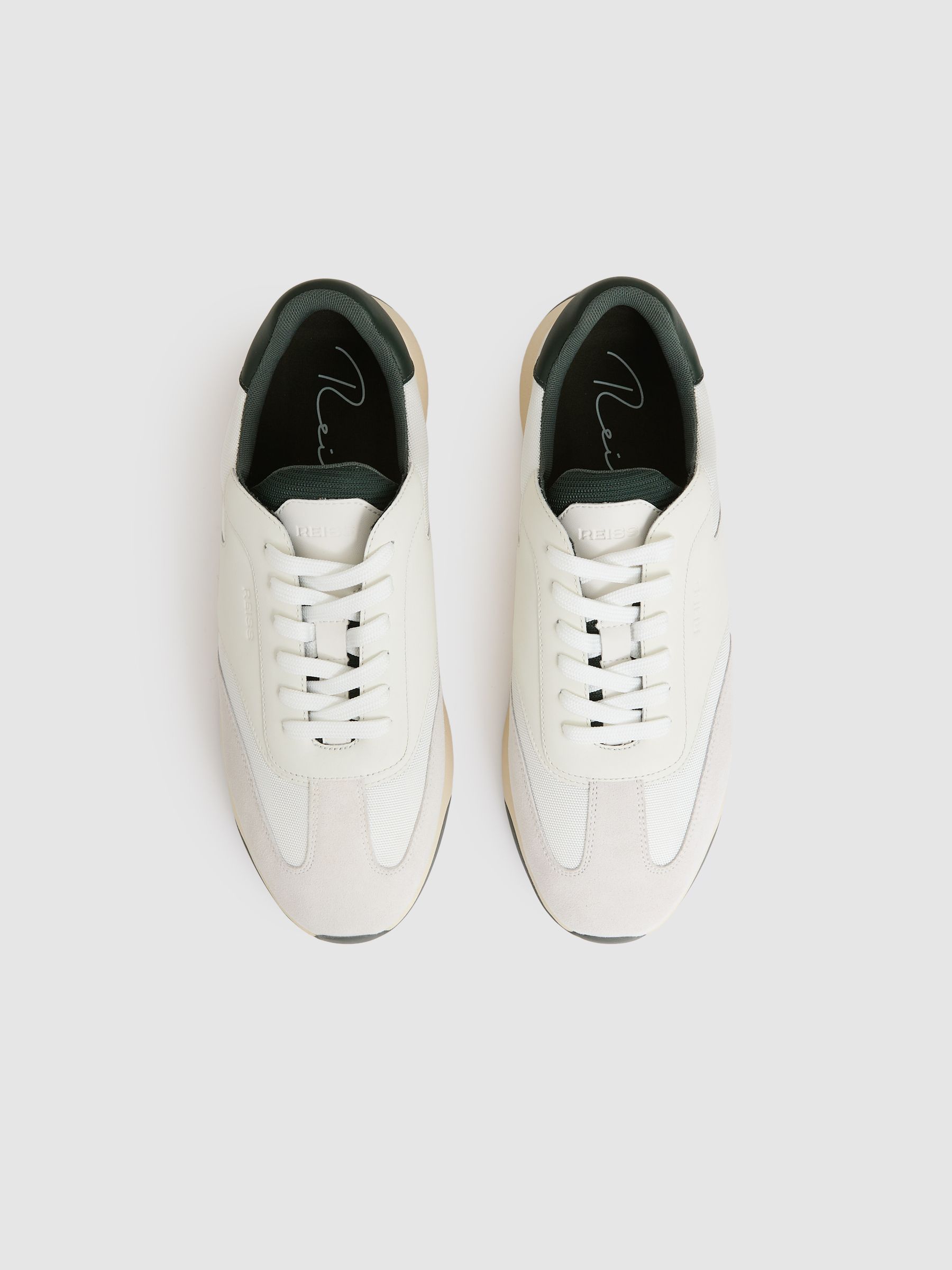 Leather Suede Running Trainers in Off White/Green