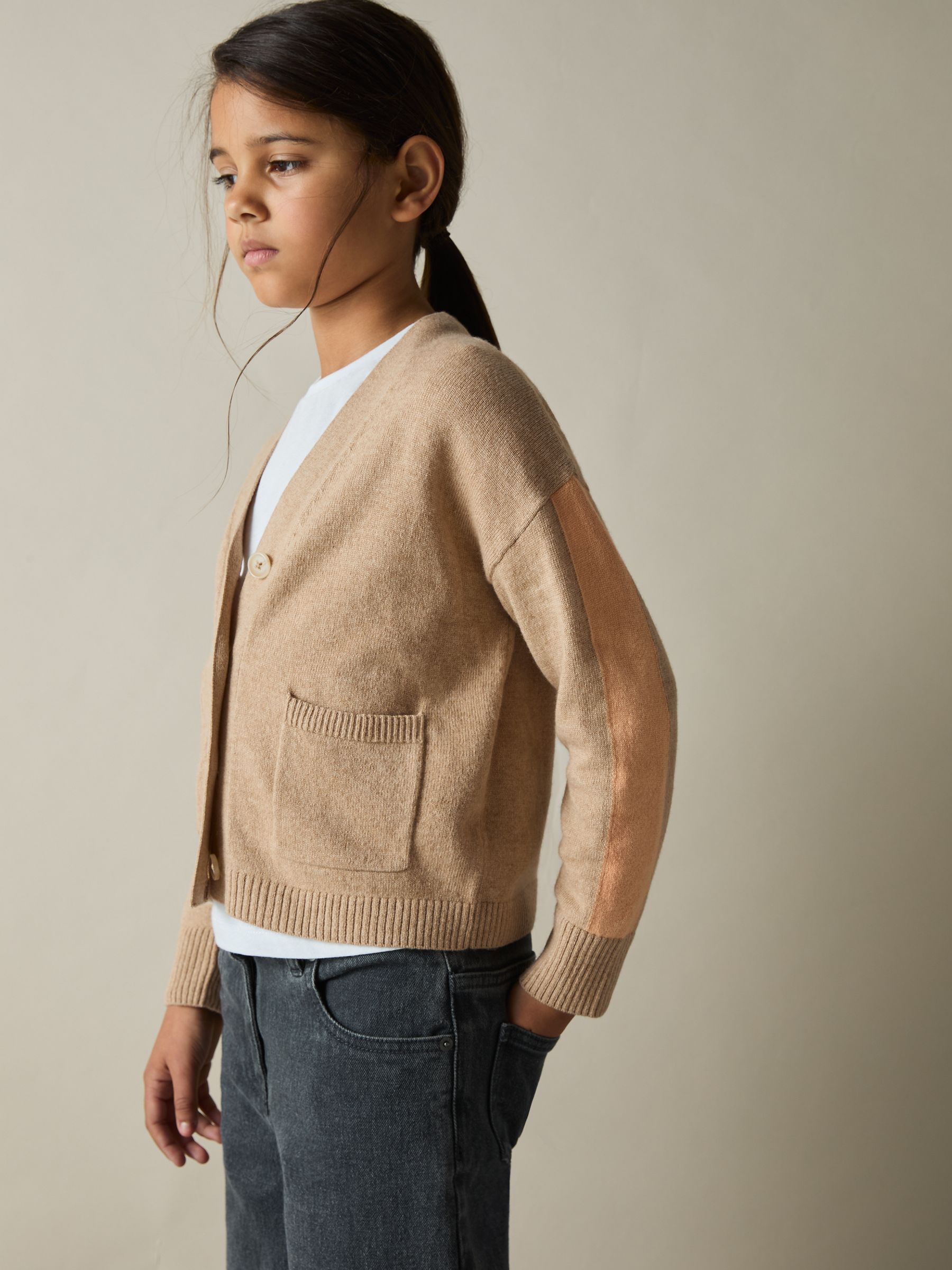 13-14 yrs Wool-Blend Tipped Cardigan in Camel