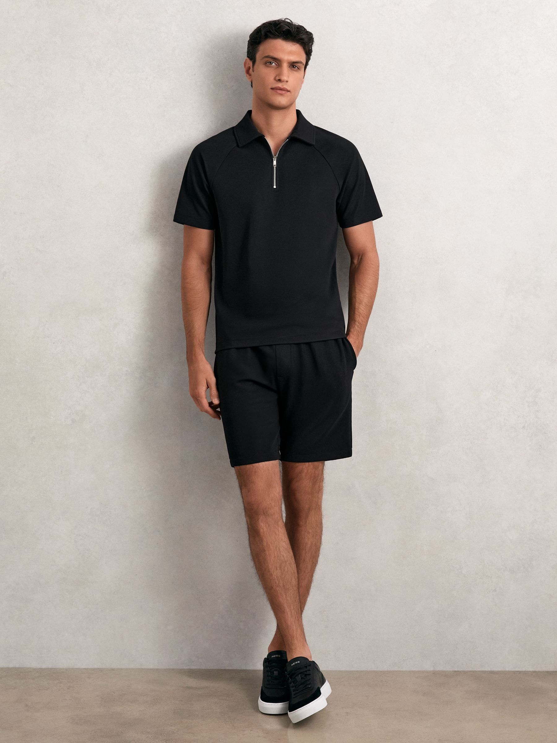 Textured Raglan Half-Zip Polo Shirt in Black
