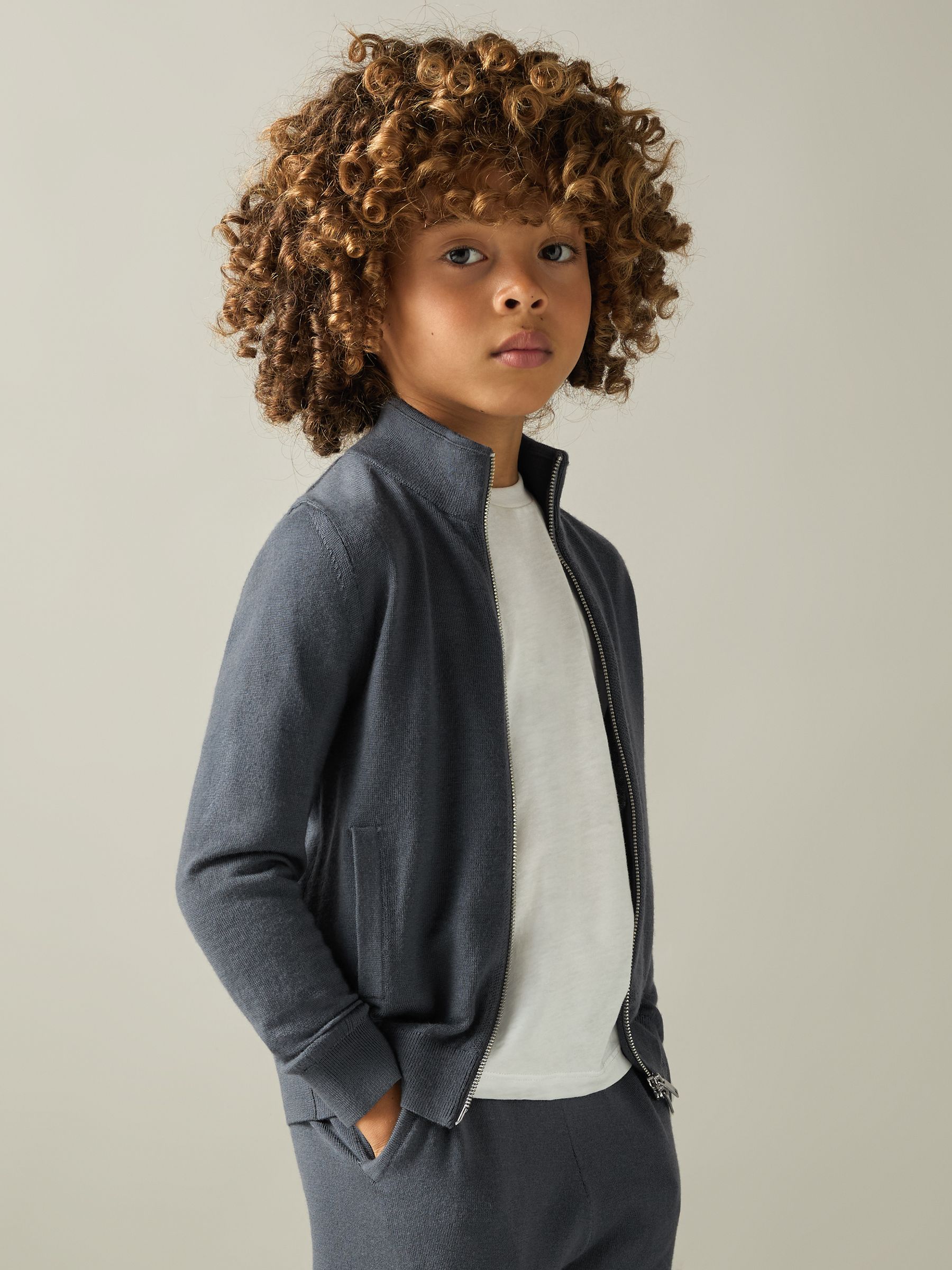 13-14 yrs Merino Wool-Blend Zip-Through Cardigan in Blackened Blue
