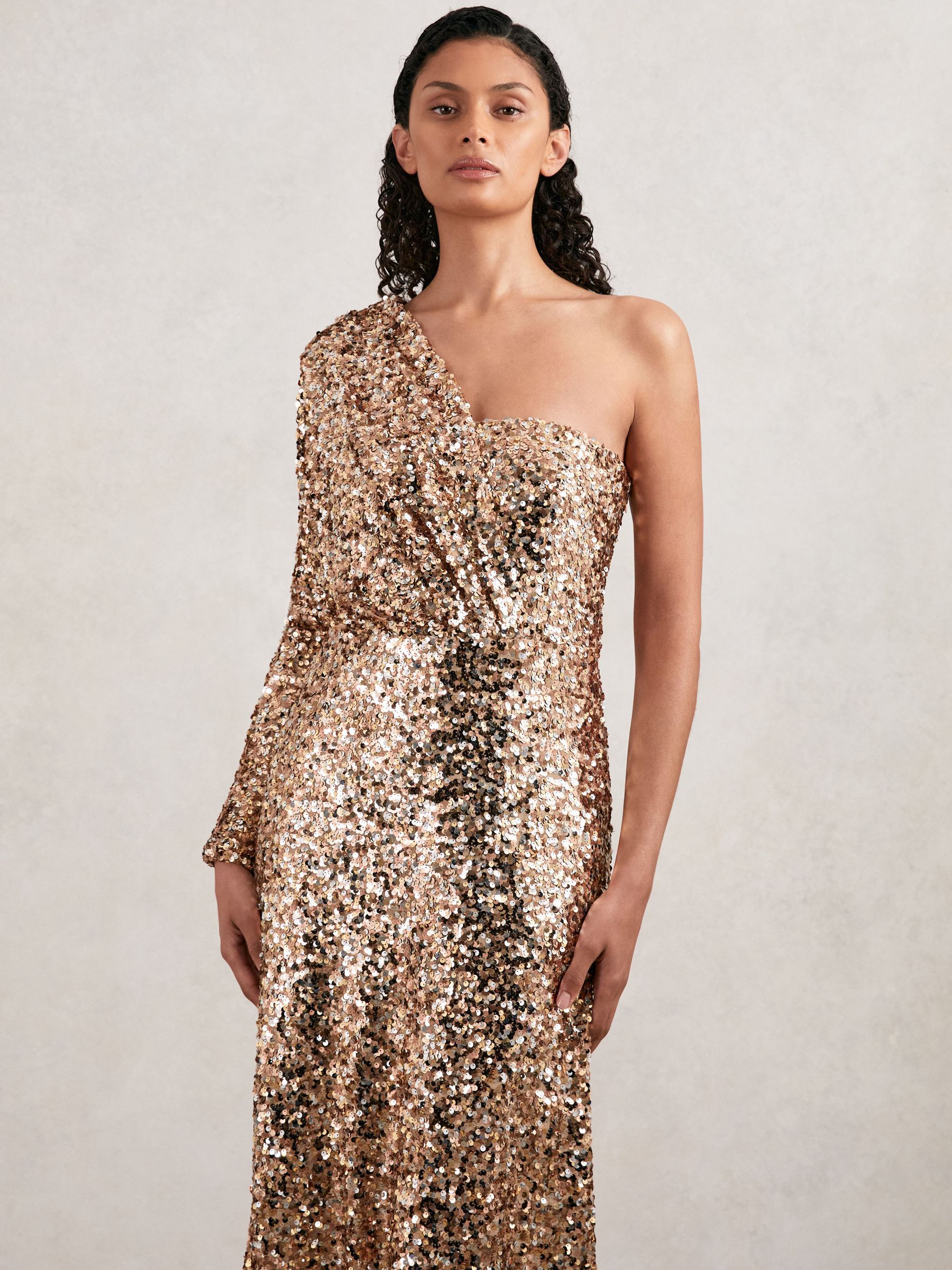 Halston Sequin One Shoulder Maxi Dress in Gold