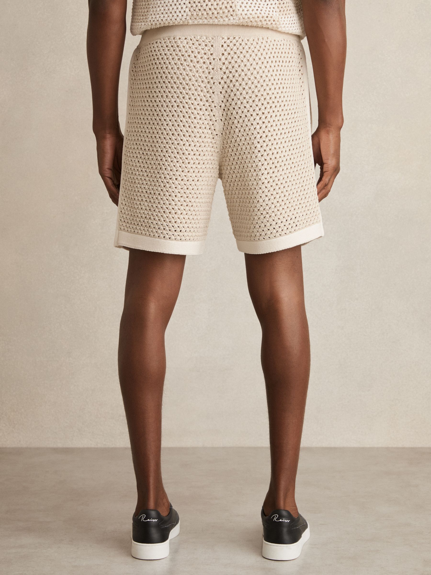 Cotton-Blend Crochet Shorts in Taupe/Off White