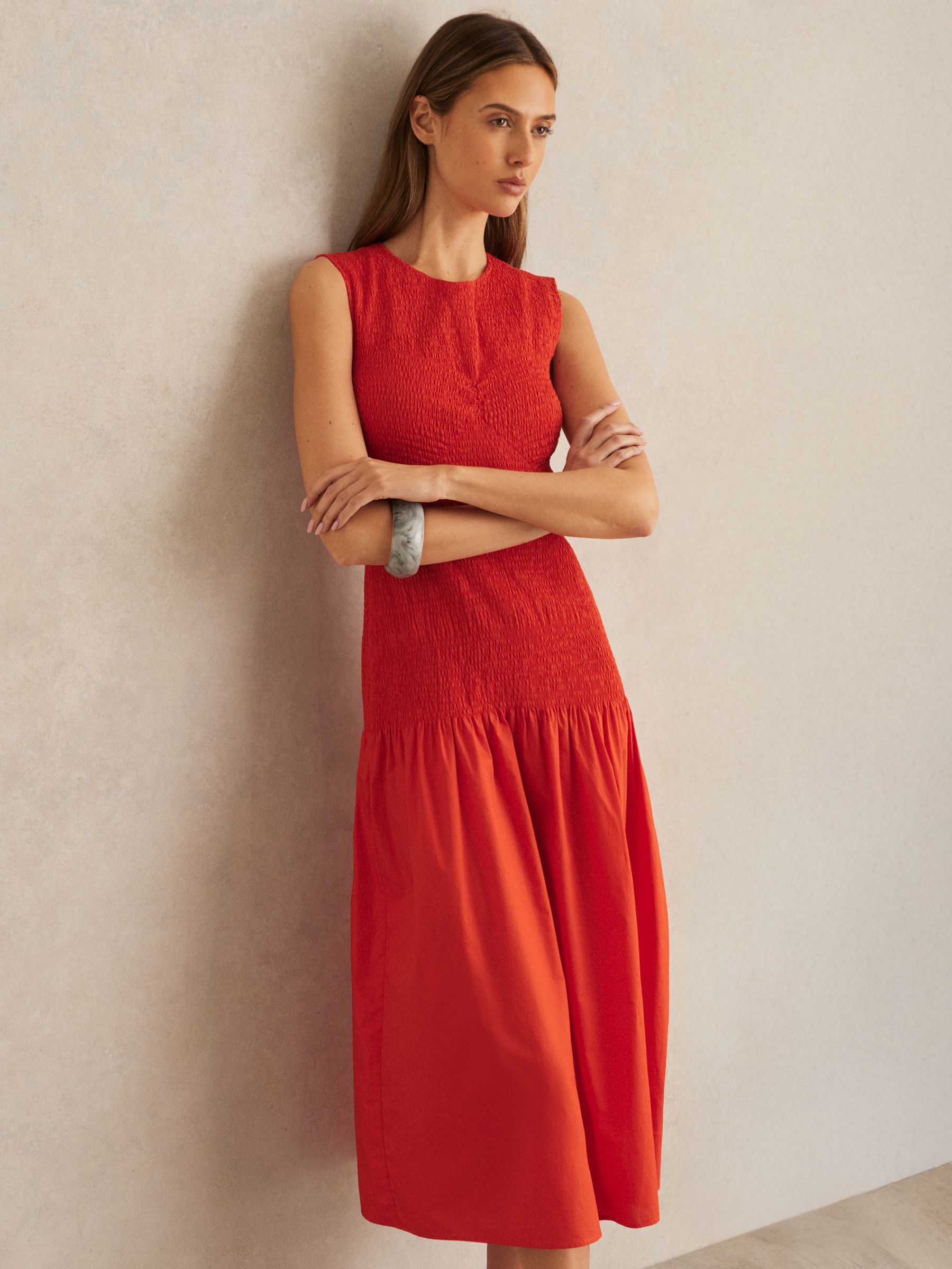 Cotton Shirred Midi Dress in Red