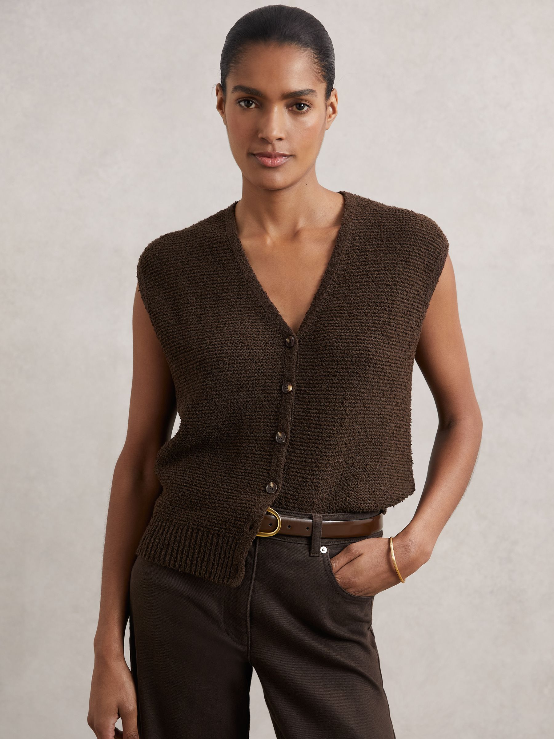 Cotton-Linen Button-Through Knit Top in Chocolate Brown