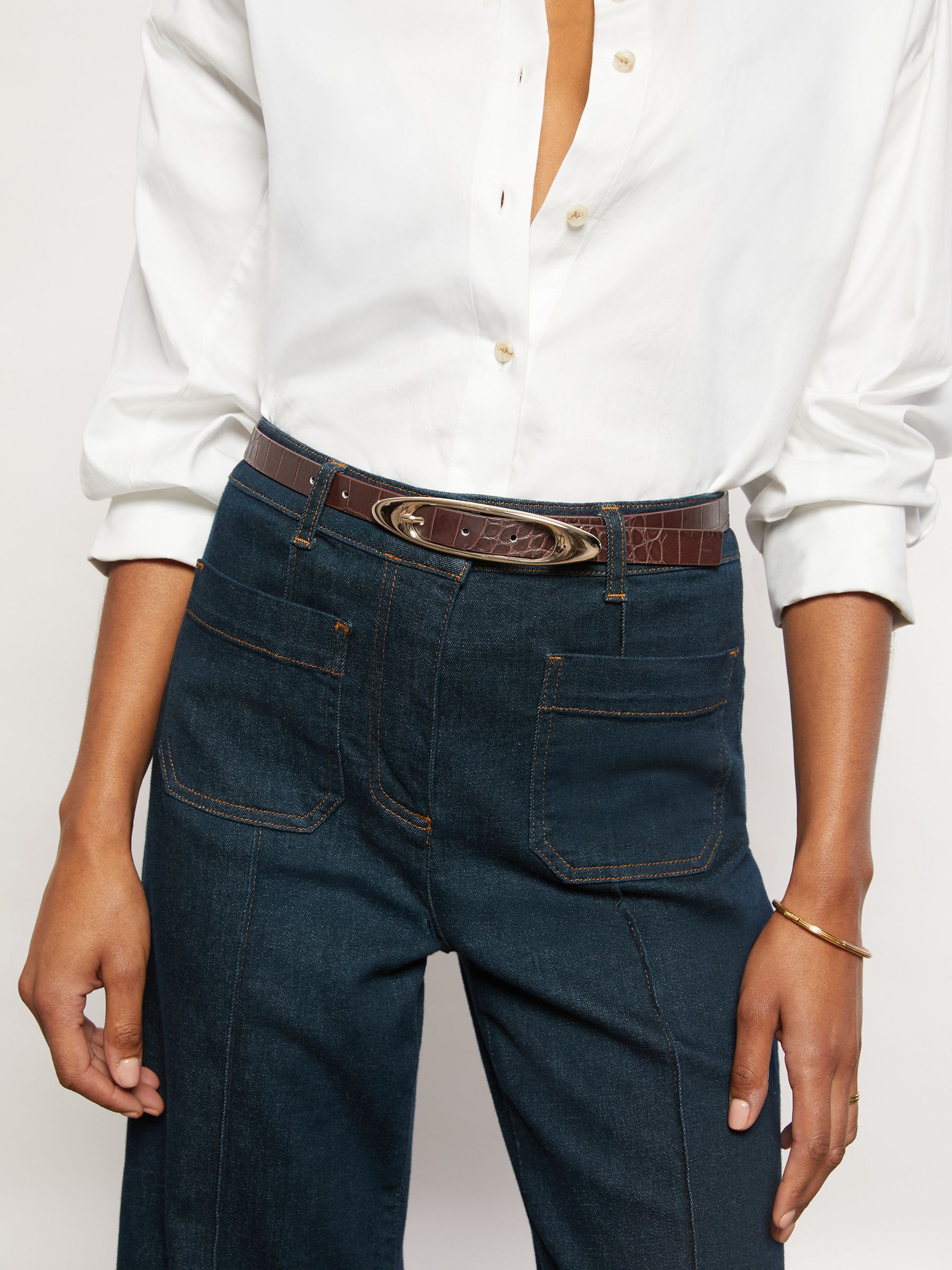 Croc-Effect Leather Oval-Buckle Belt in Burgundy