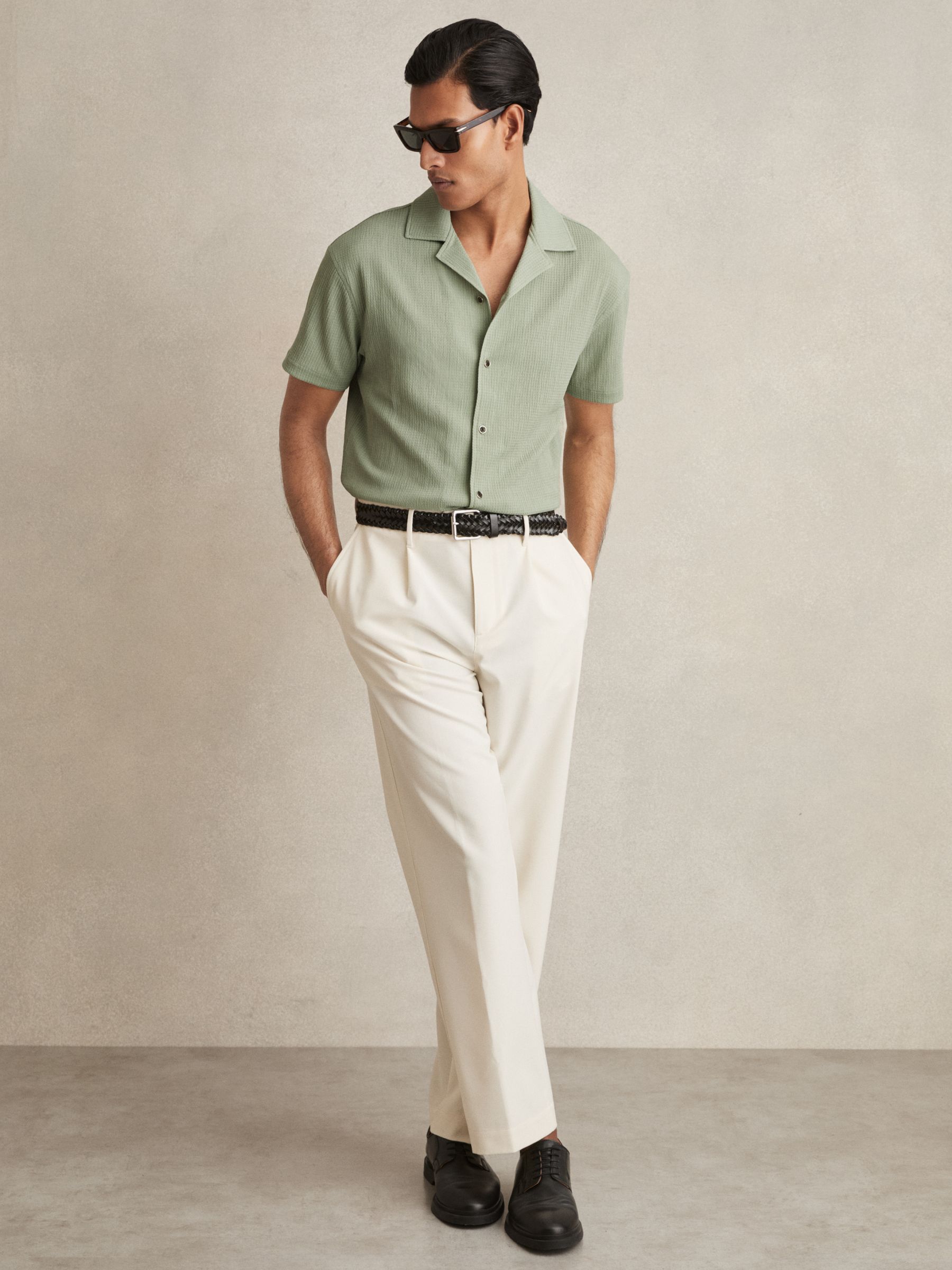 Textured Crepe Cuban Collar Shirt in Sage Green