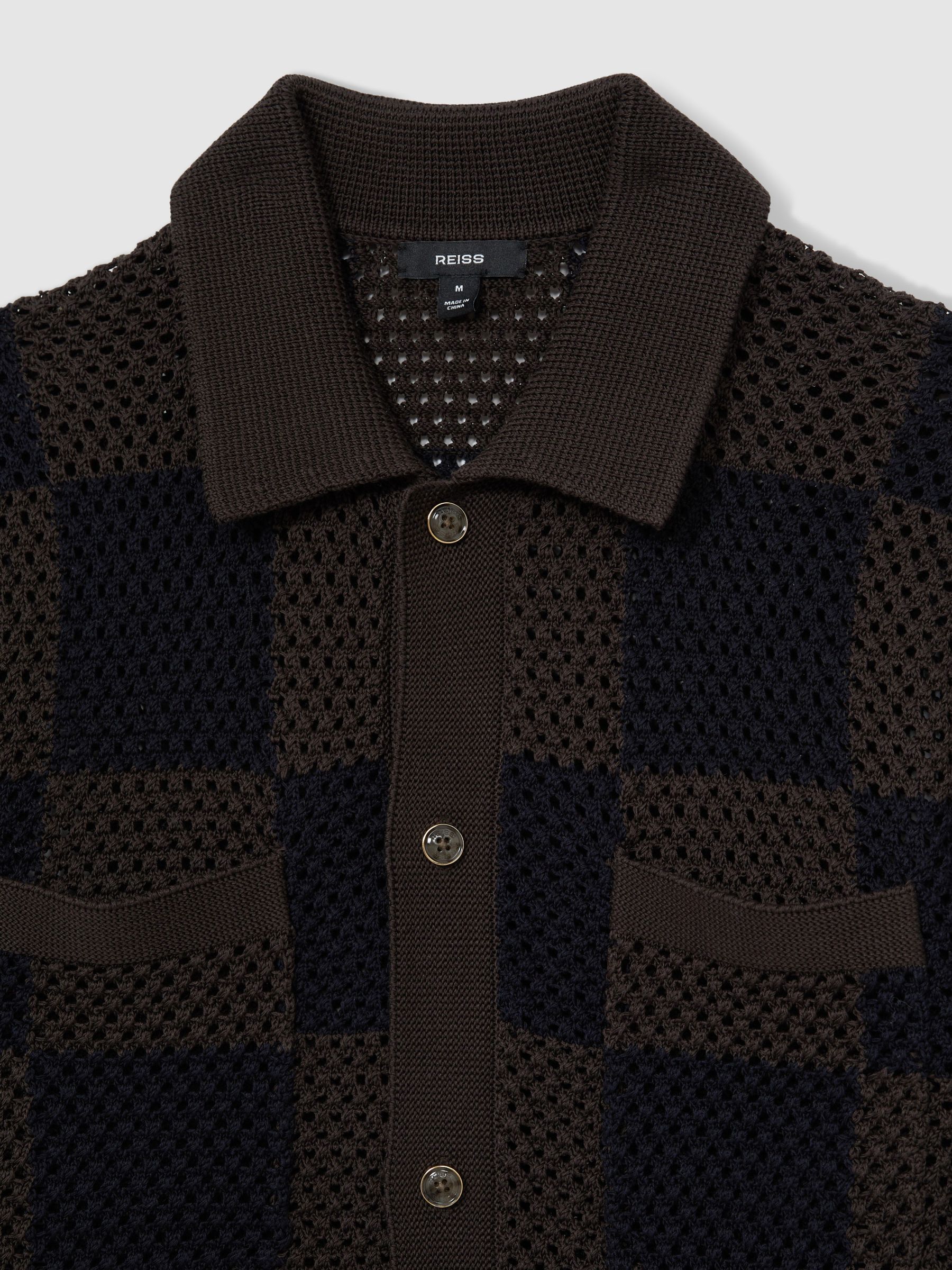 Cotton Chequerboard Crochet Shirt in Chocolate/Navy
