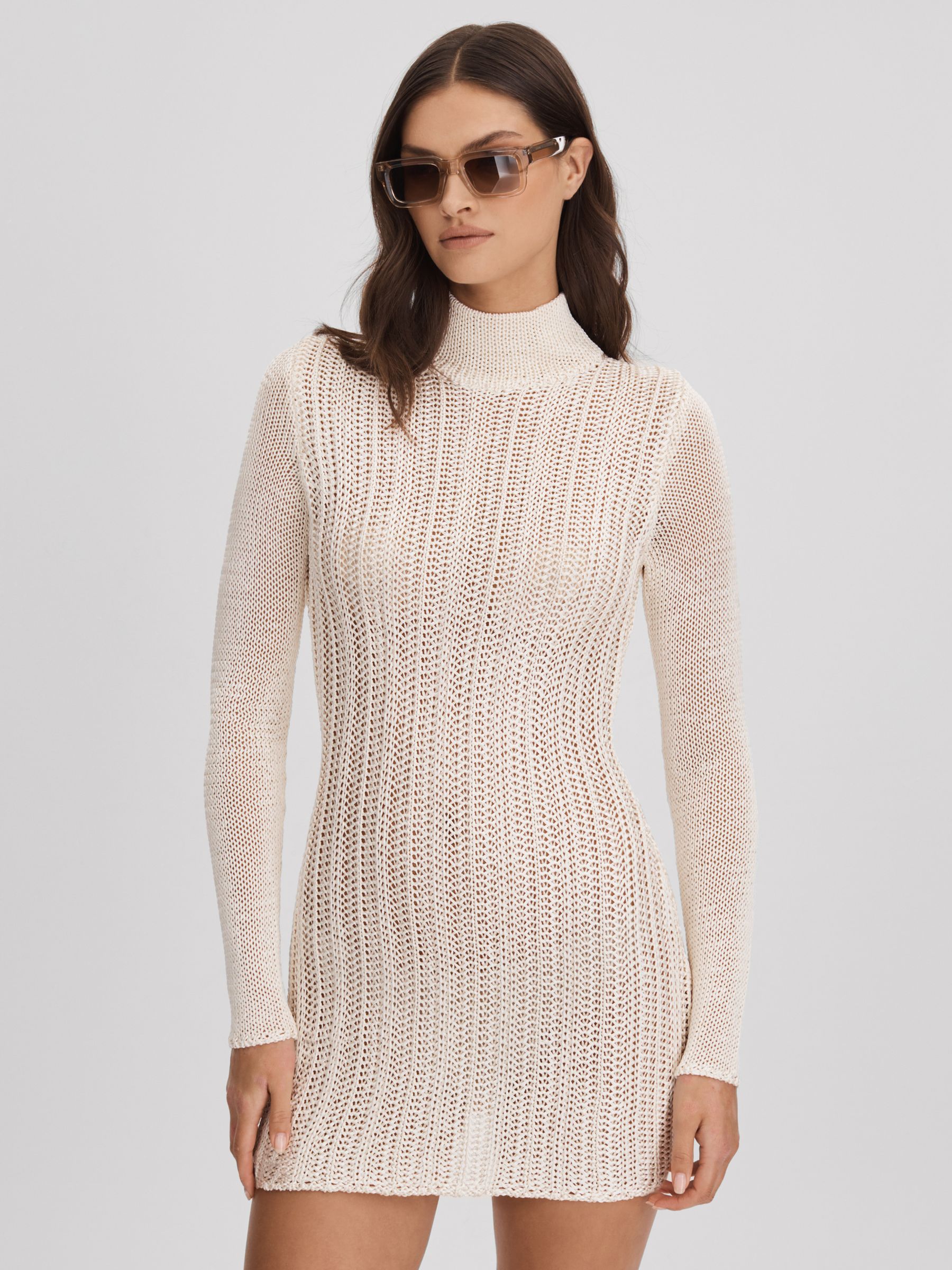 Savannah Morrow Mini Ivory Sheer Knitted Dress in Ivory