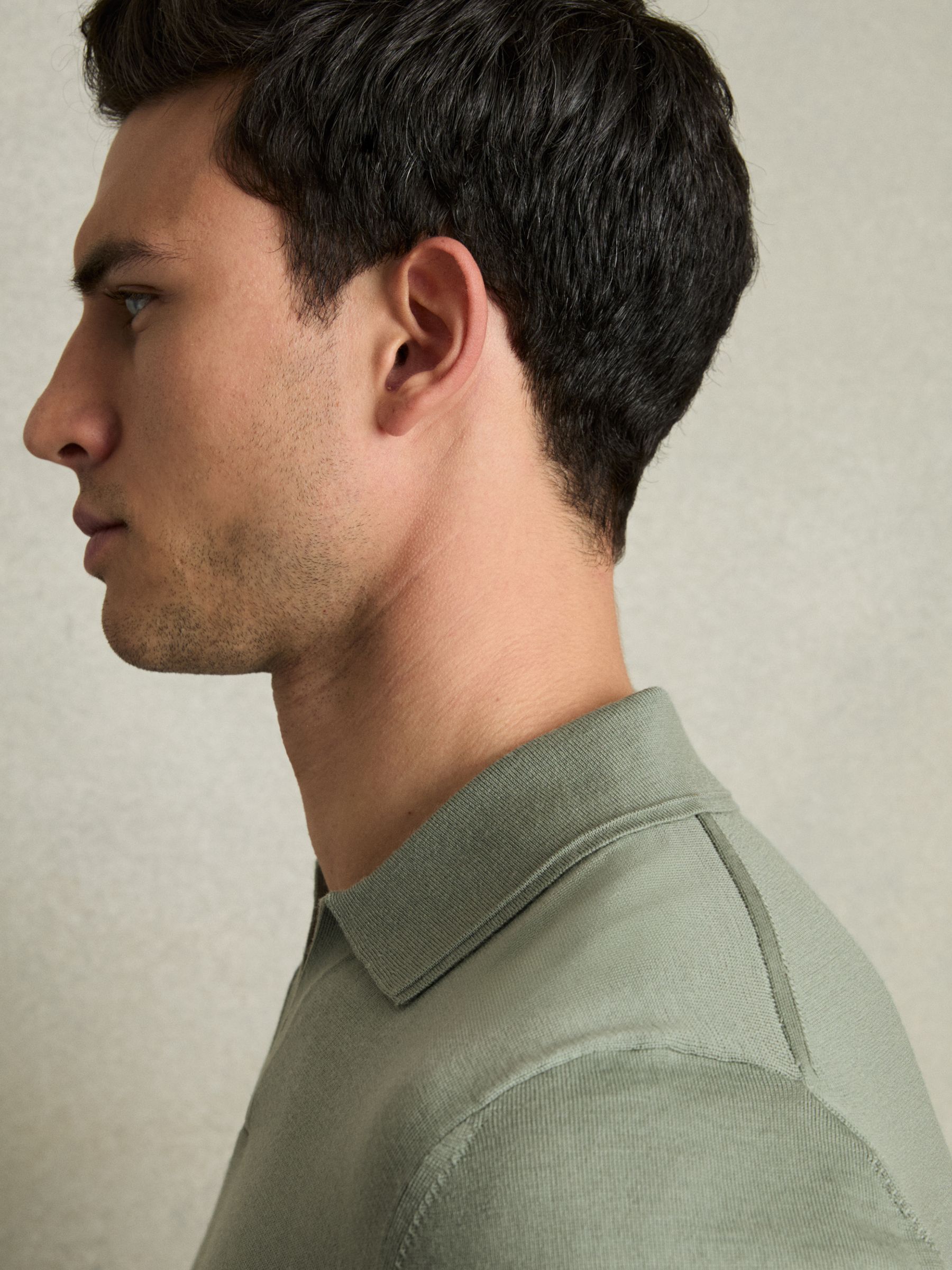 Merino Wool Open Collar Polo Shirt in Herb Green