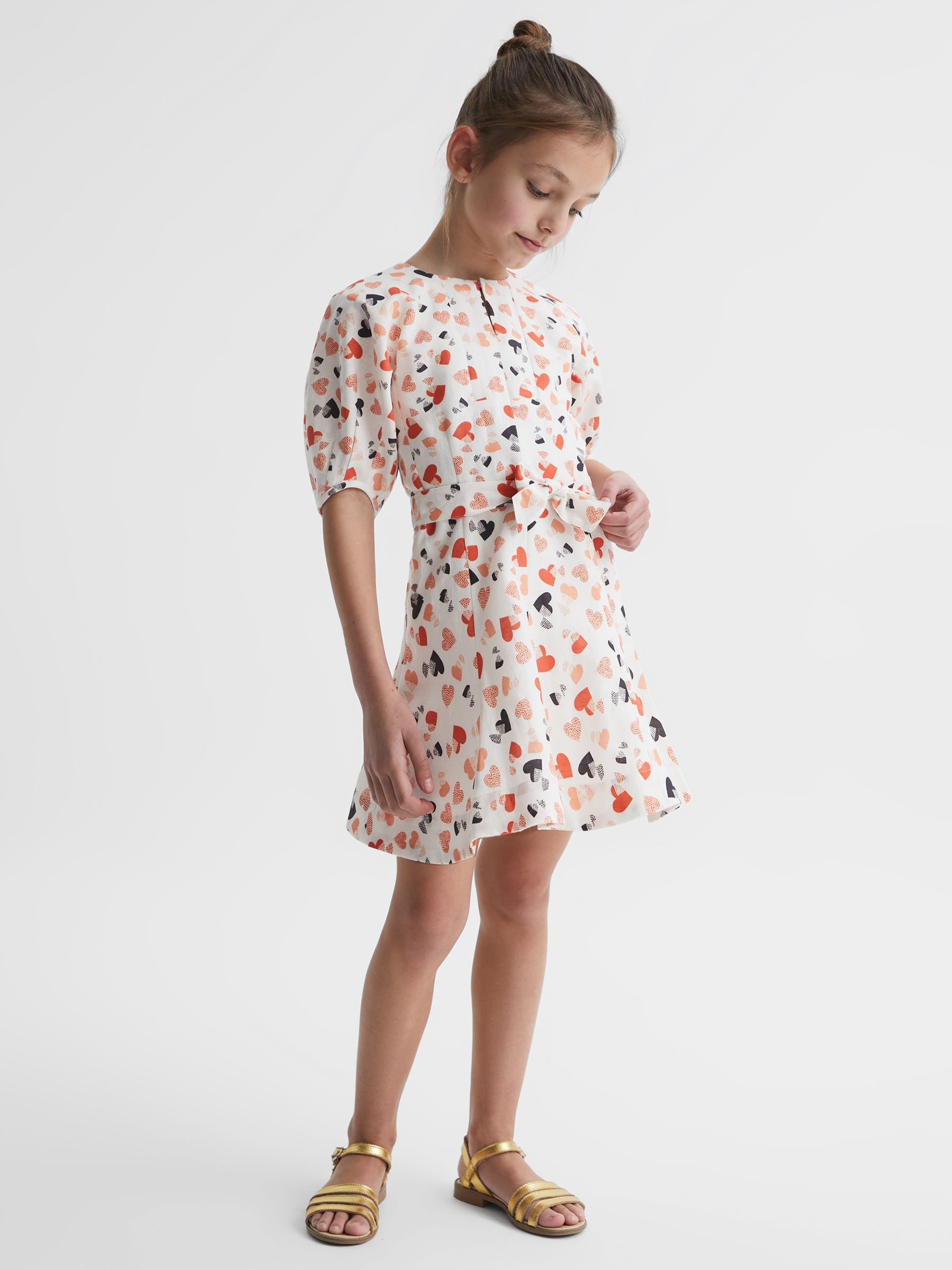 9-12 yrs Heart Print Linen Mini Dress in Ivory Print