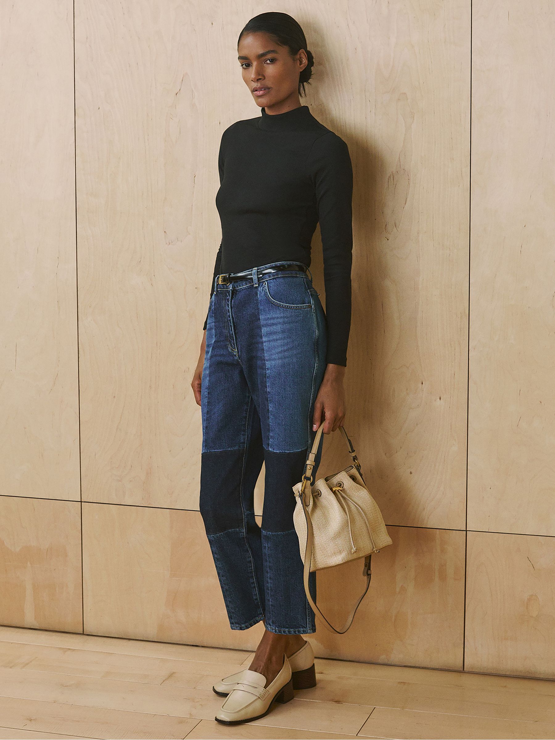 Straight-Leg Patchwork Jeans in Mid Blue