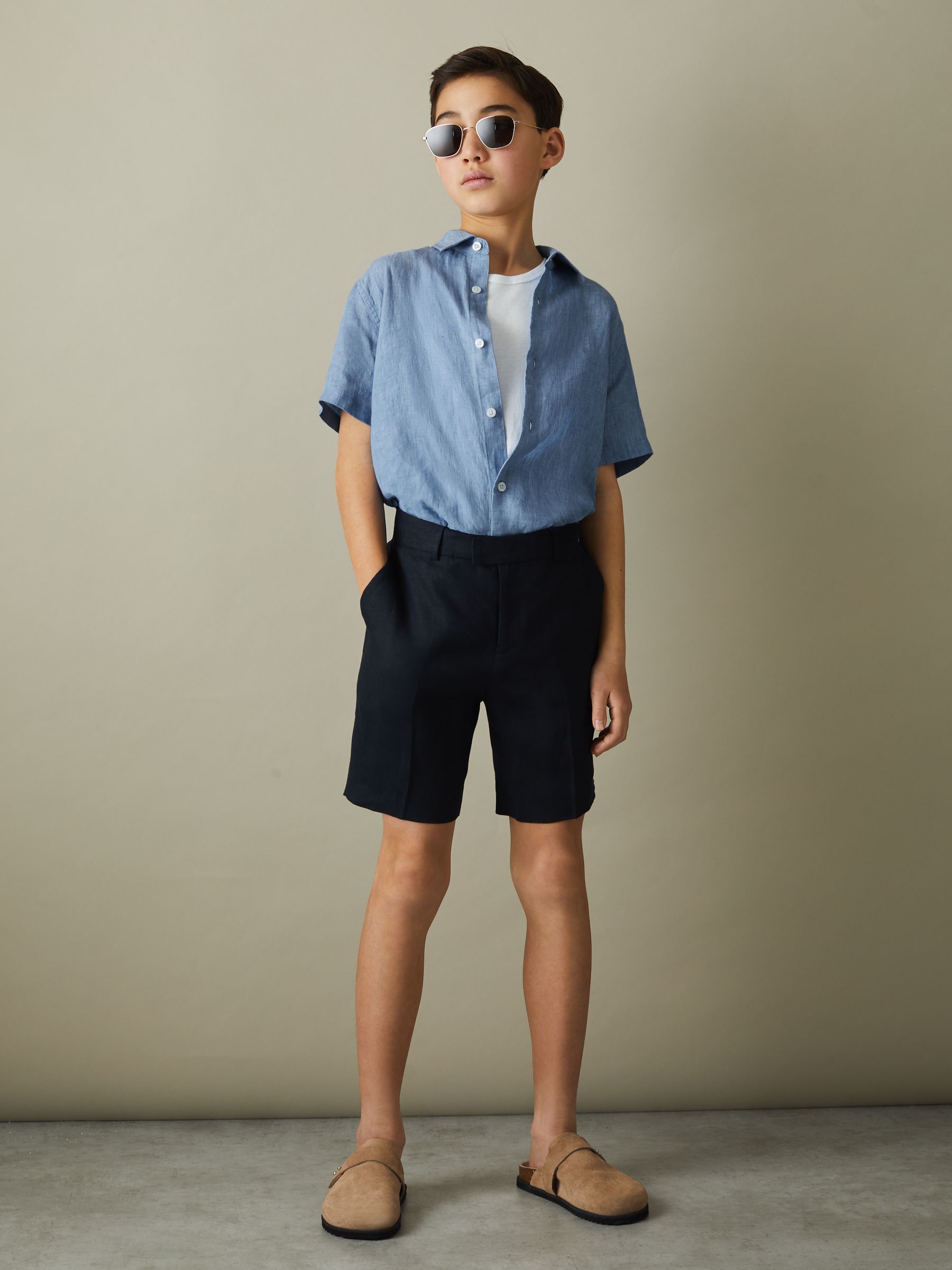 3-9 yrs Linen Short-Sleeve Shirt in Sky Blue