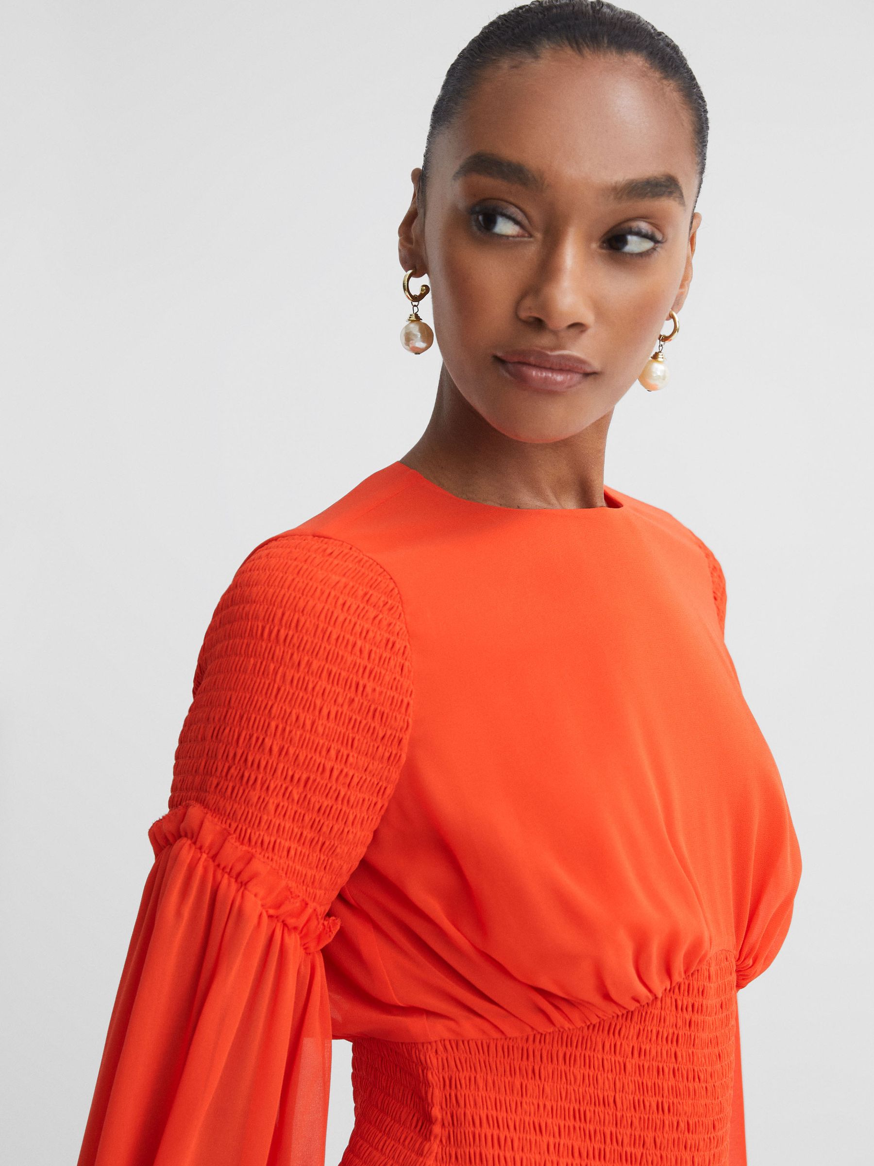 Florere Round Neck Shirred Mini Dress in Bright Orange